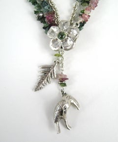 Collana con perline in argento Susan Cummings Parrot Charm Gem Stone - Anni '80