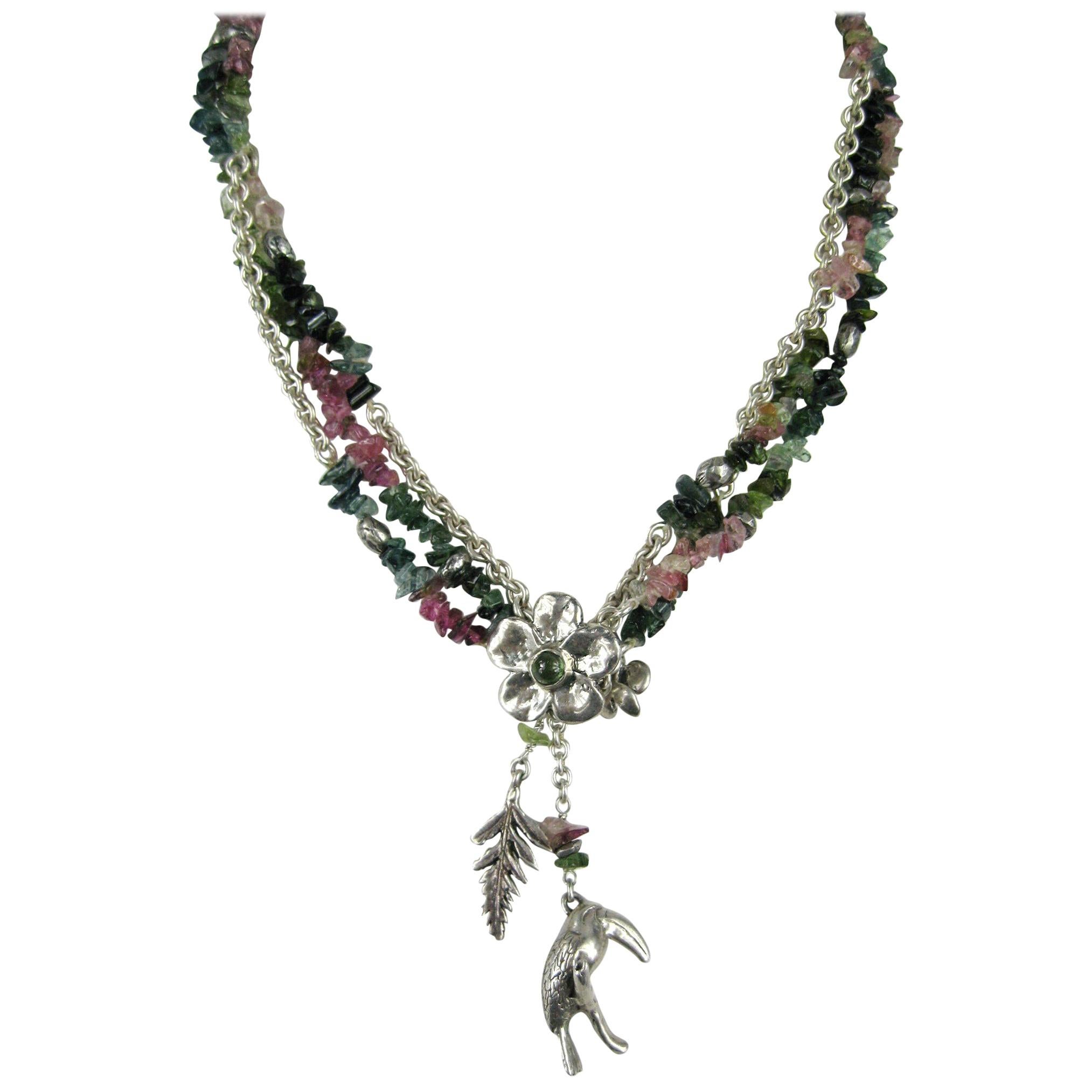 Sterling Silver beaded Susan Cummings Parrot Charm Gem Stone Necklace - 1980s