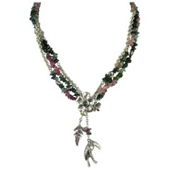  Sterling Silver beaded Susan Cummings Parrot Charm Gem Stone Necklace - 1980s