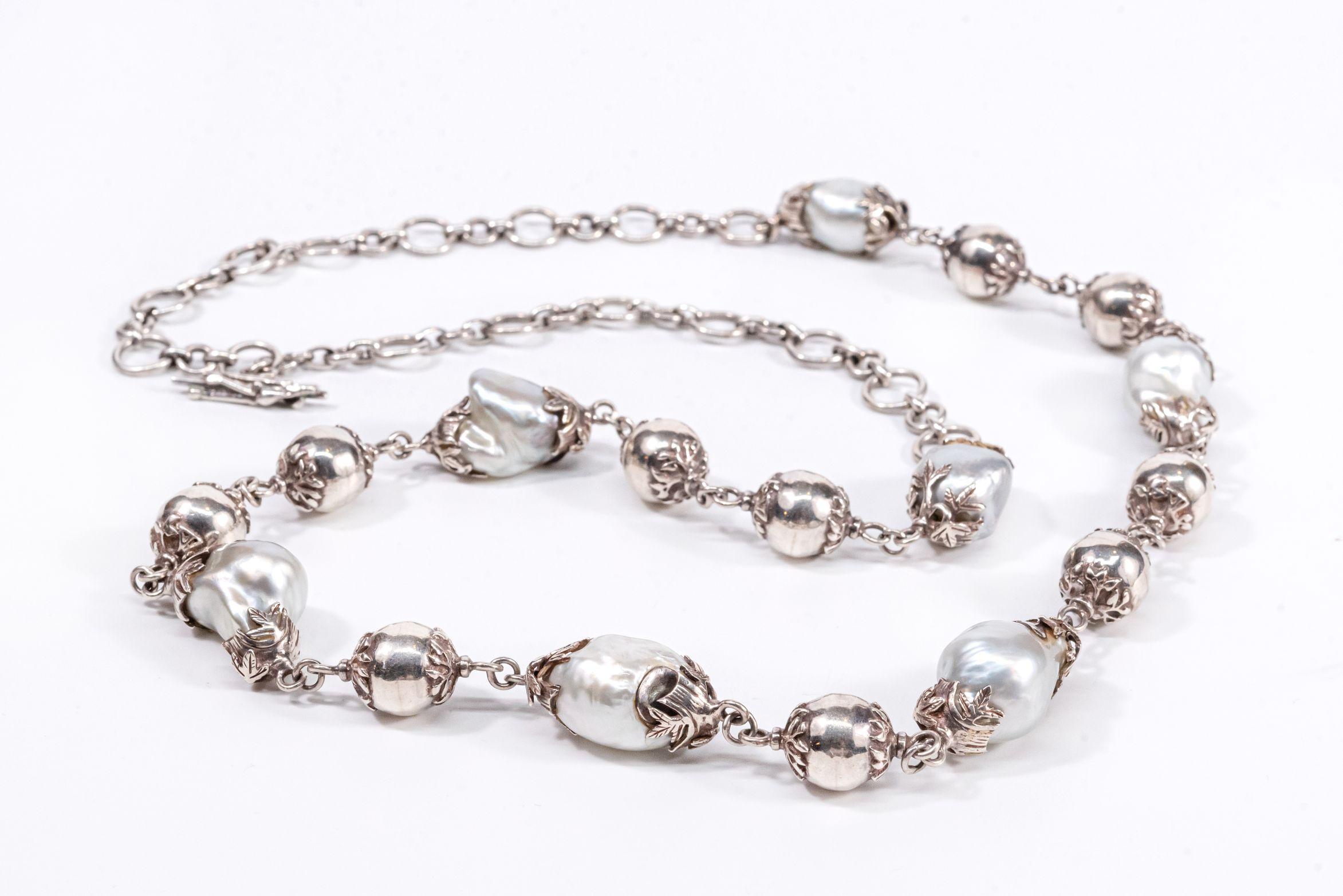 Sterling Silver Beads Long Baroque South Sea Pearls Chain Necklace For Sale 1