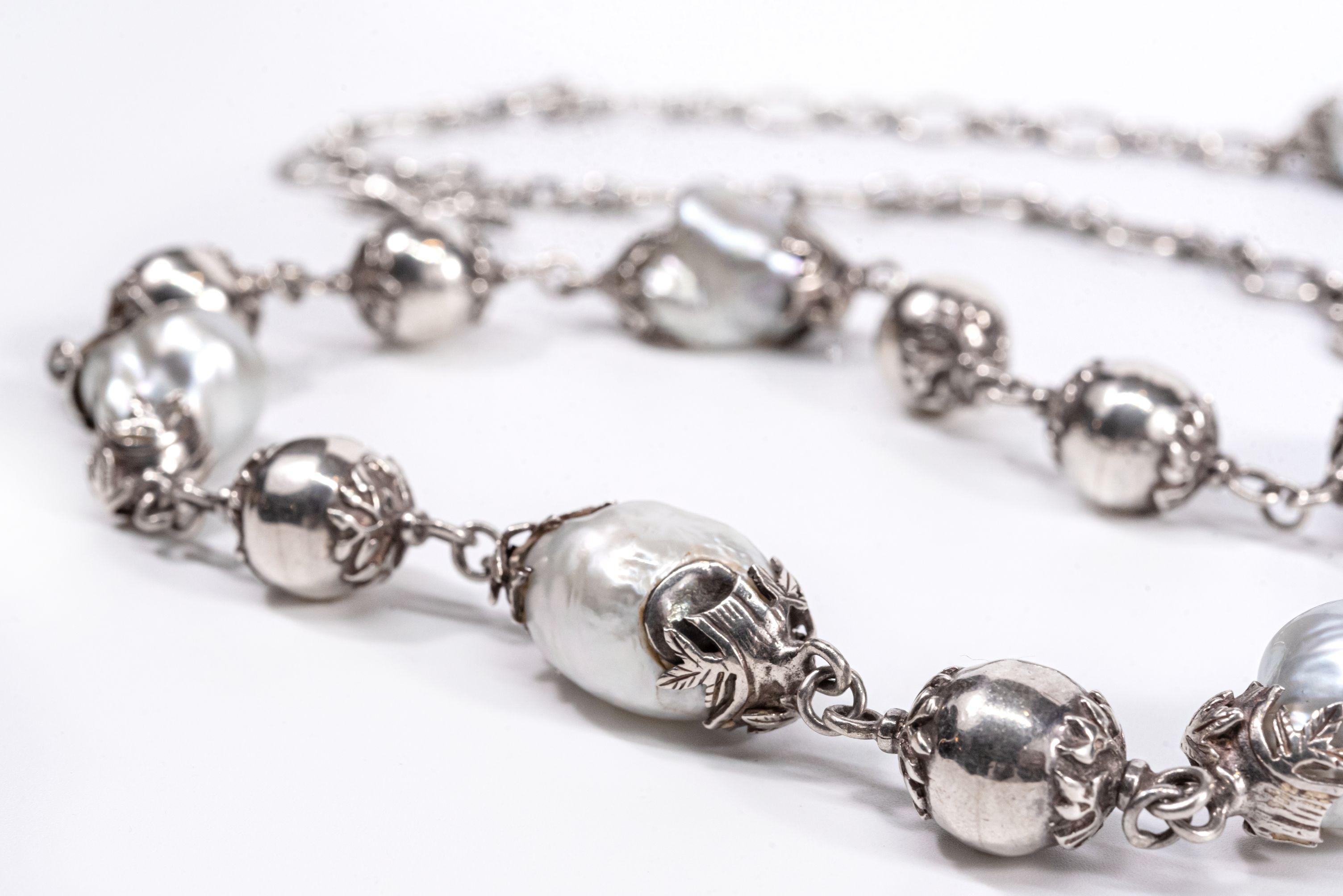 Sterling Silver Beads Long Baroque South Sea Pearls Chain Necklace For Sale 2