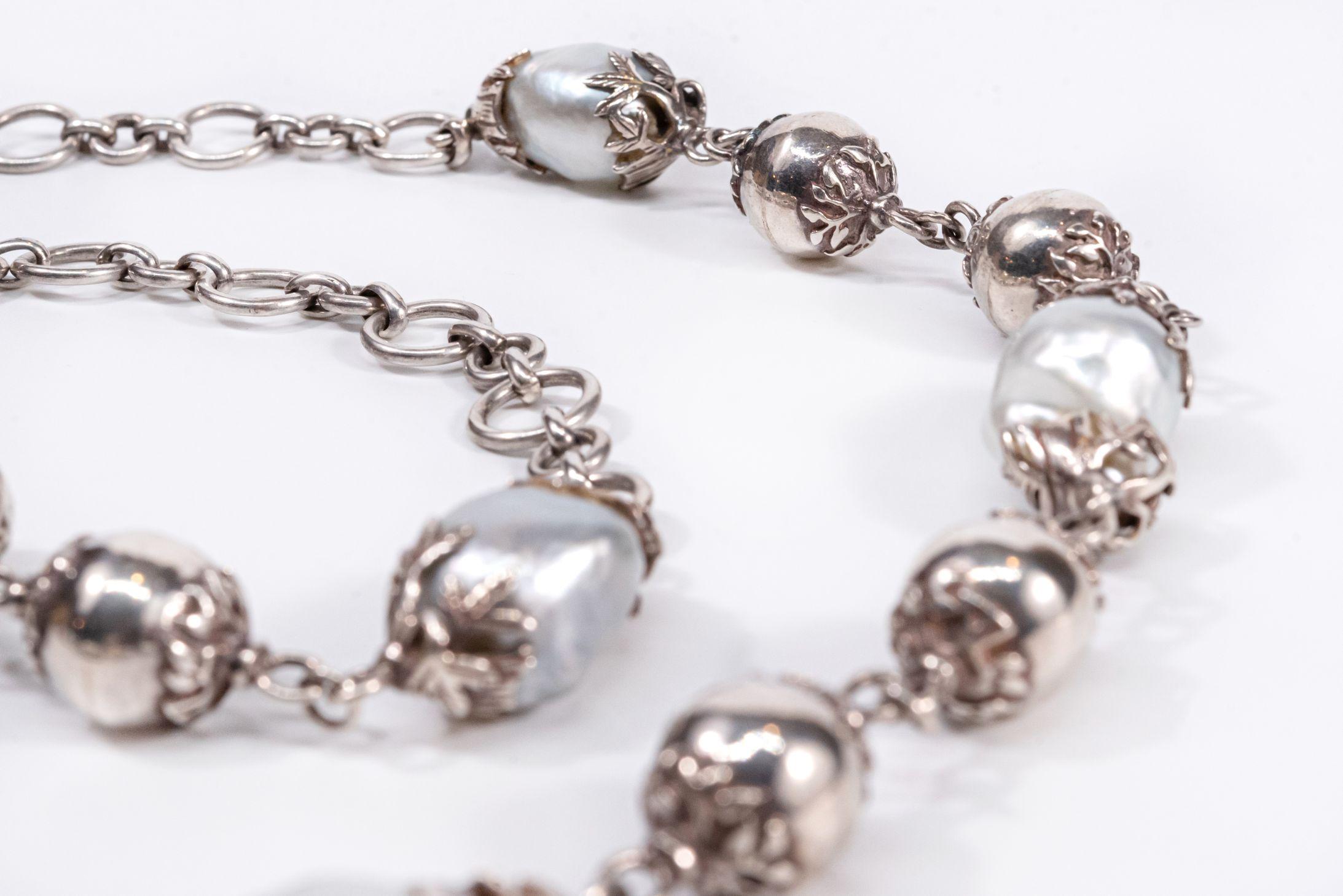 Sterling Silver Beads Long Baroque South Sea Pearls Chain Necklace For Sale 5