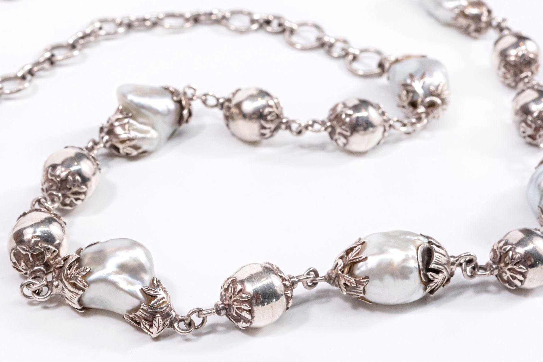 Sterling Silver Beads Long Baroque South Sea Pearls Chain Necklace For Sale 6