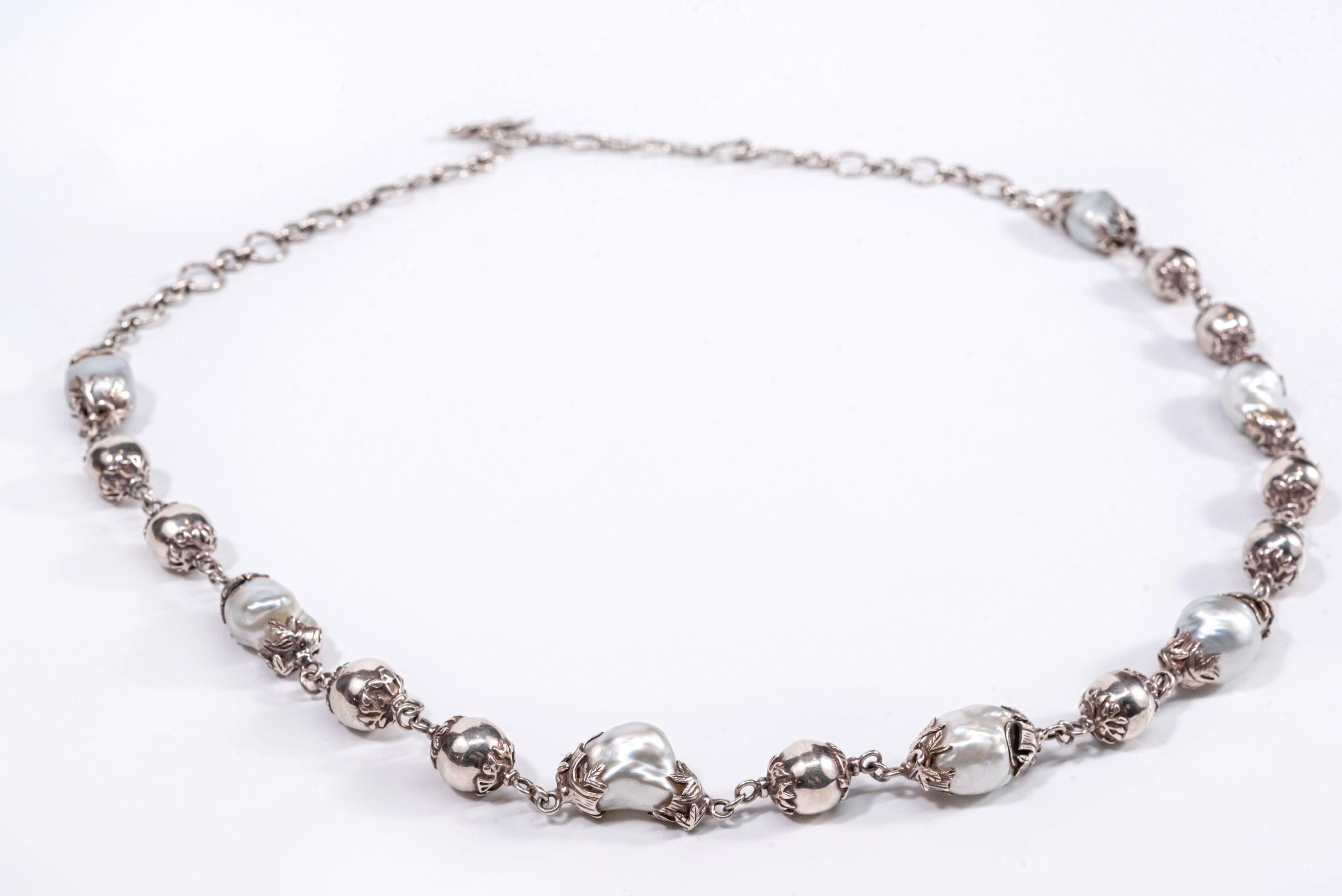 Sterling Silver Beads Long Baroque South Sea Pearls Chain Necklace For Sale 9