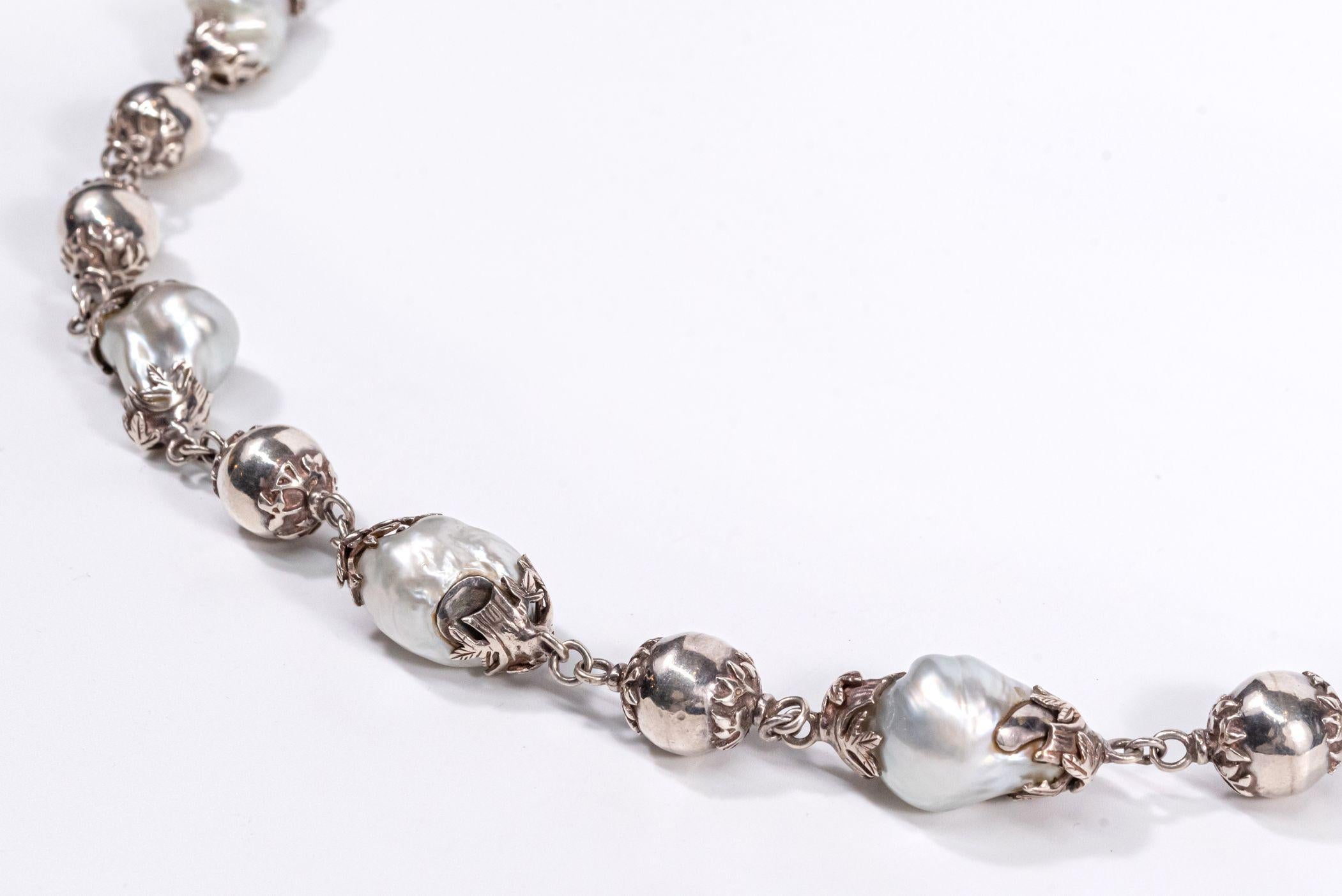 Sterling Silver Beads Long Baroque South Sea Pearls Chain Necklace For Sale 10