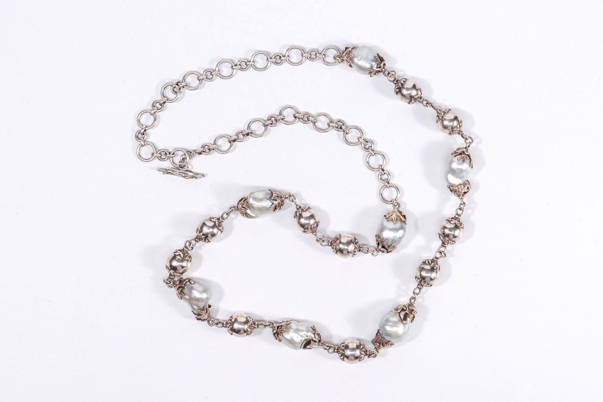 Sterling Silver Beads Long Baroque South Sea Pearls Chain Necklace For Sale 11