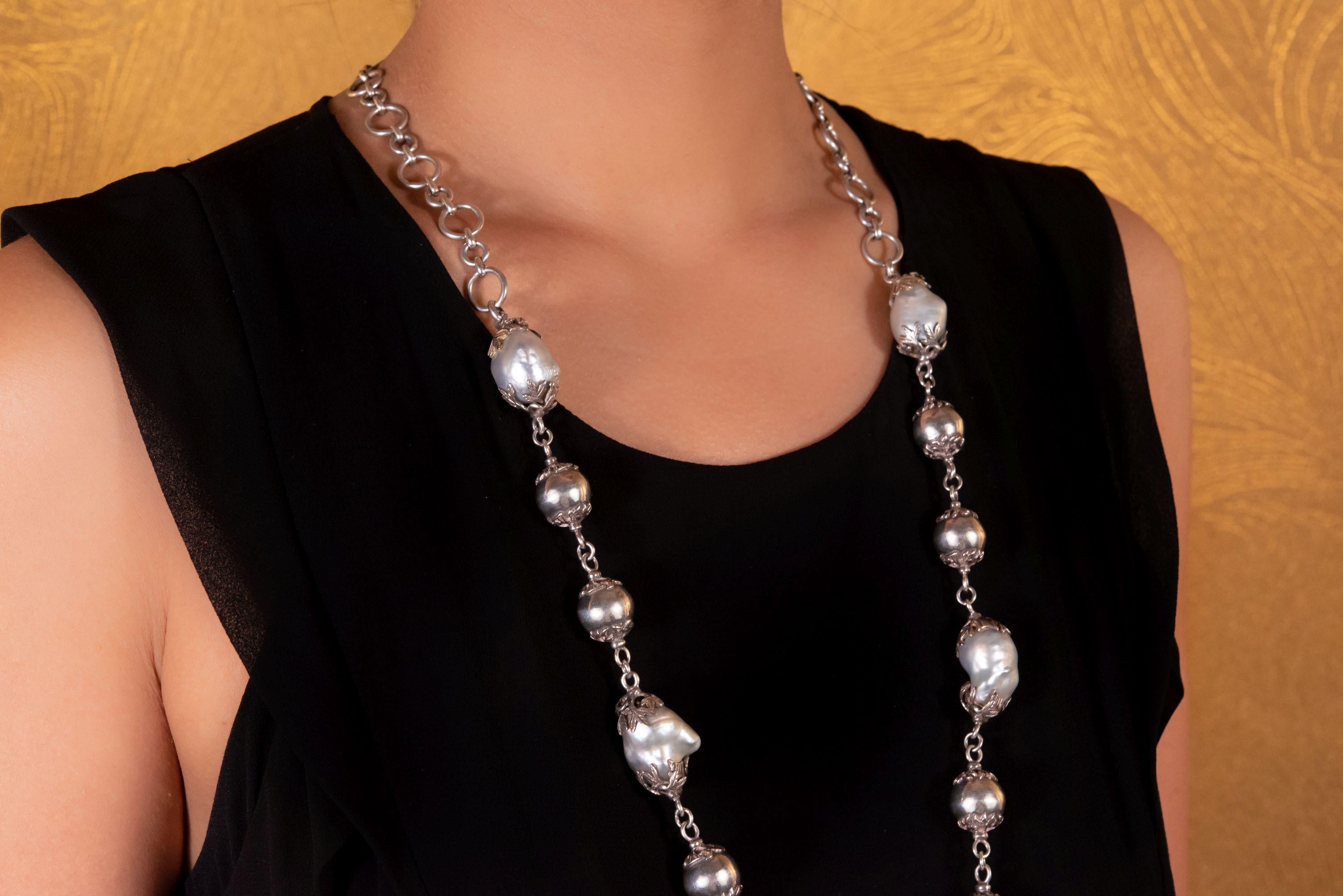 Contemporary Sterling Silver Beads Long Baroque South Sea Pearls Chain Necklace For Sale