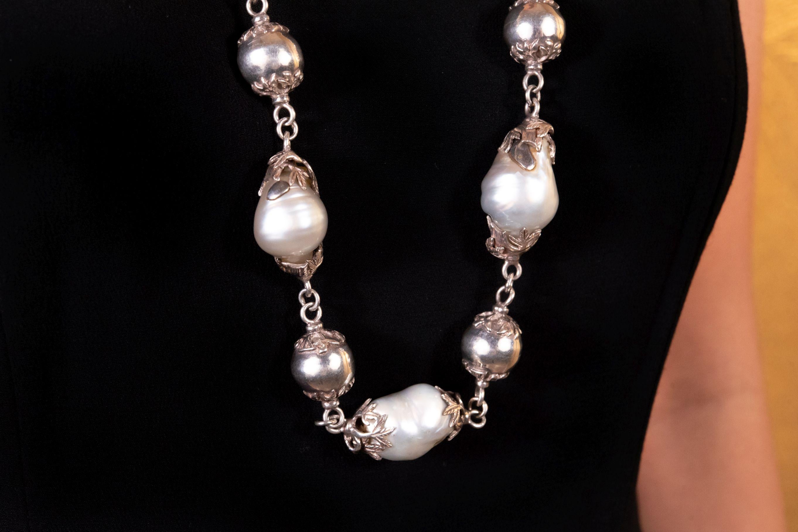 Uncut Sterling Silver Beads Long Baroque South Sea Pearls Chain Necklace For Sale