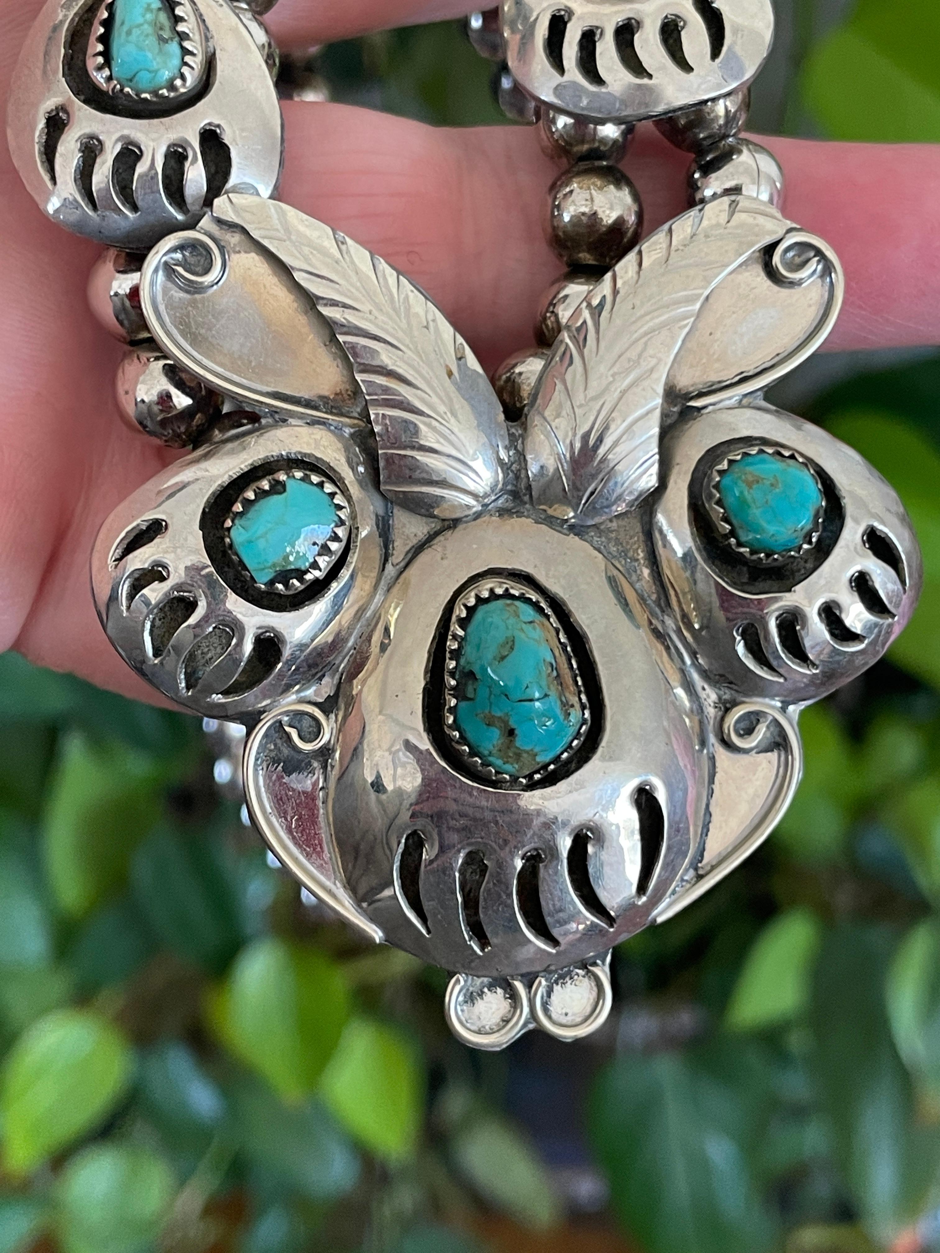 Sterling Silver Bear Claw Navajo Turquoise Shadow box Necklace  For Sale 1
