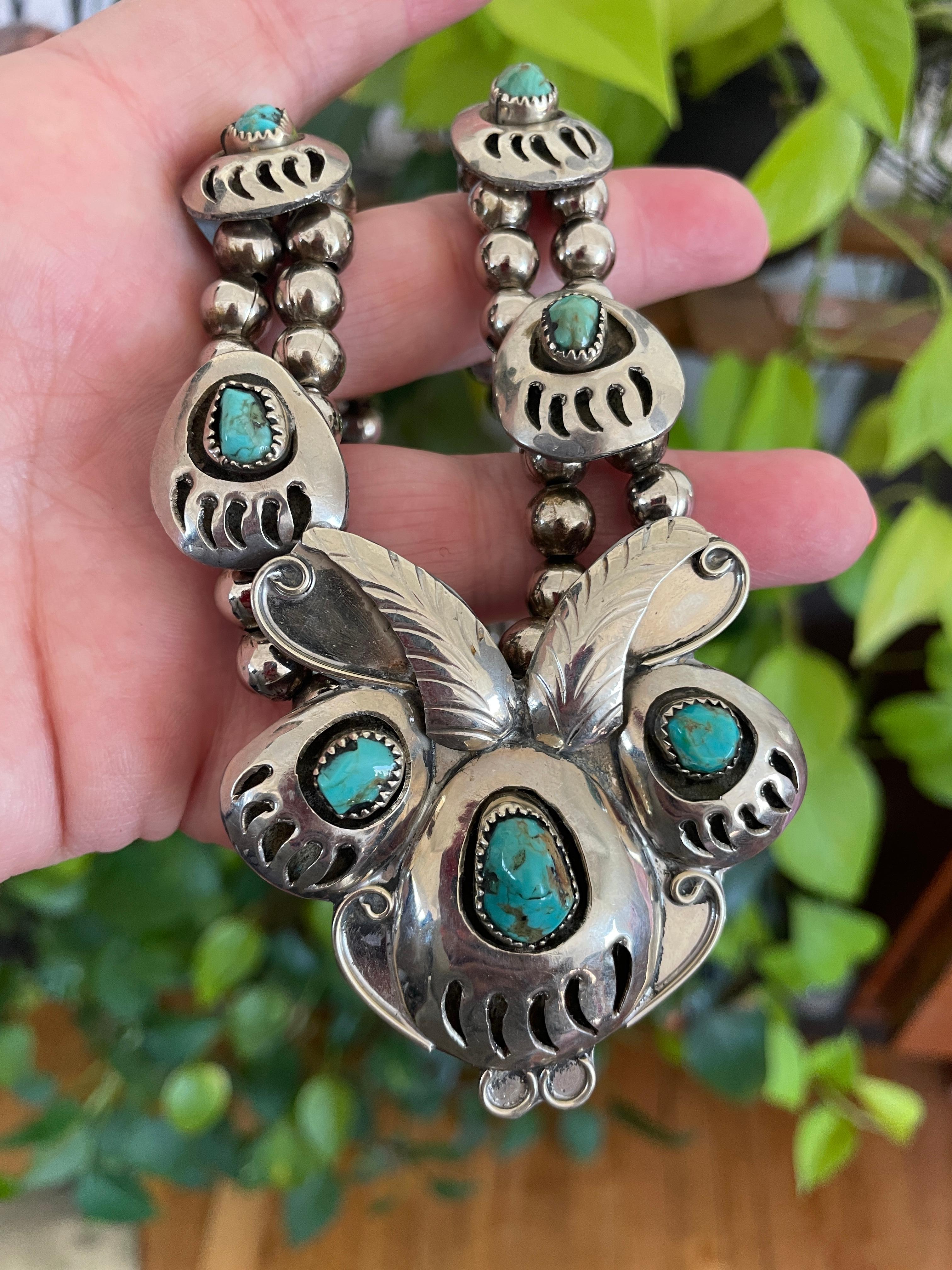 Women's or Men's Sterling Silver Bear Claw Navajo Turquoise Shadow box Necklace  For Sale