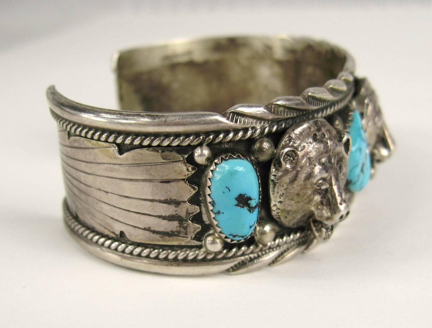 This Navajo Sleeping Beauty Bear Head Cuff features the classic image of the west. Blue Sleeping Beauty Turquoise. Four high-quality nuggets provide the spacing between the 3 heads. surrounded by a bounty of skillfully worked heavy gauge, Sterling