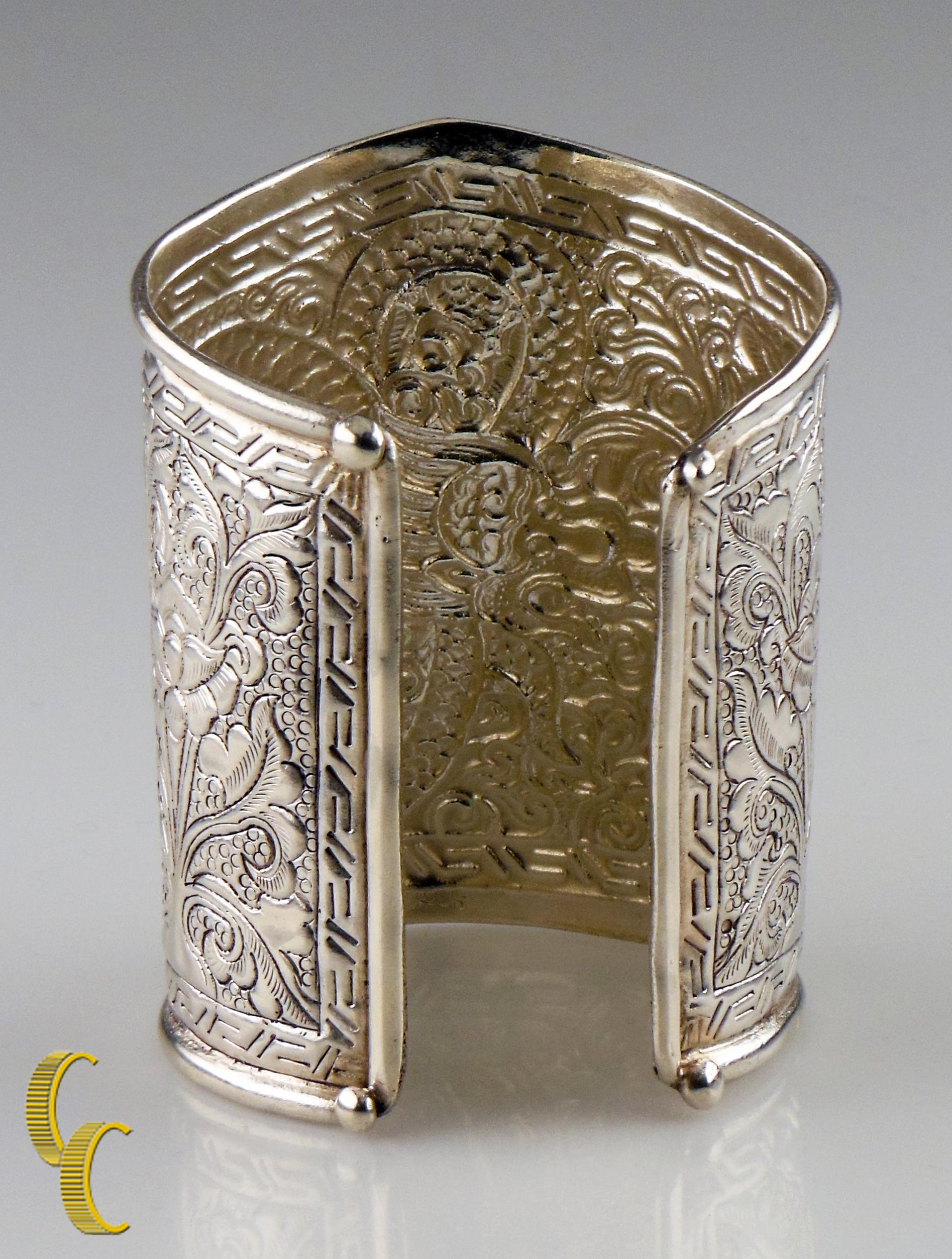 Sterling Silver Bearded Dragon Cuff Bracelet with Flowers and Leaves, Size 5.5 For Sale 1