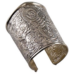Sterling Silver Bearded Dragon Cuff Bracelet with Flowers and Leaves, Size 5.5