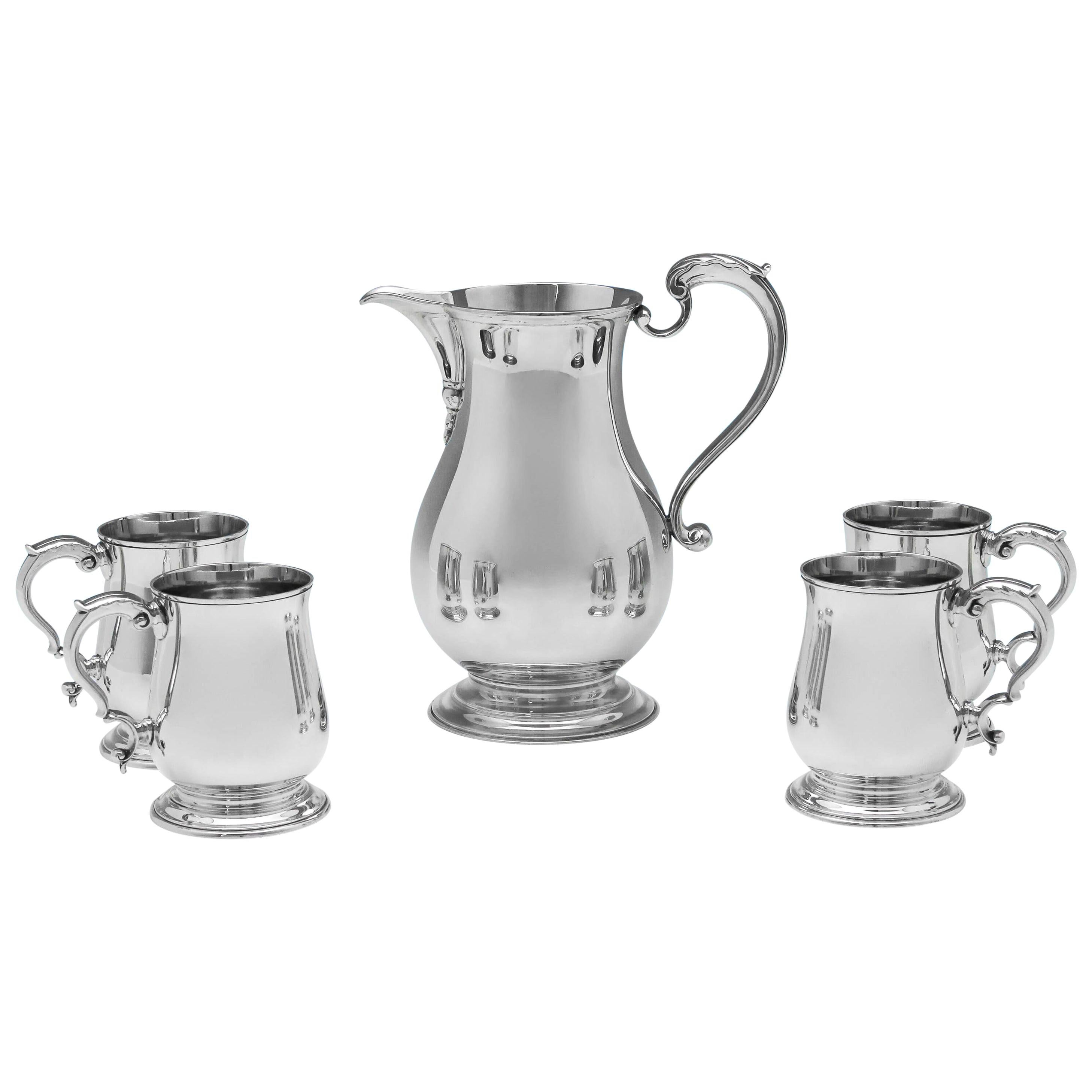 George III Style Sterling Silver Beer Jug and Set of Four Mugs by C. J. Vander