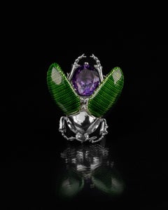 Sterling Silver Beetle Ring with Green Enamel and Amethyst