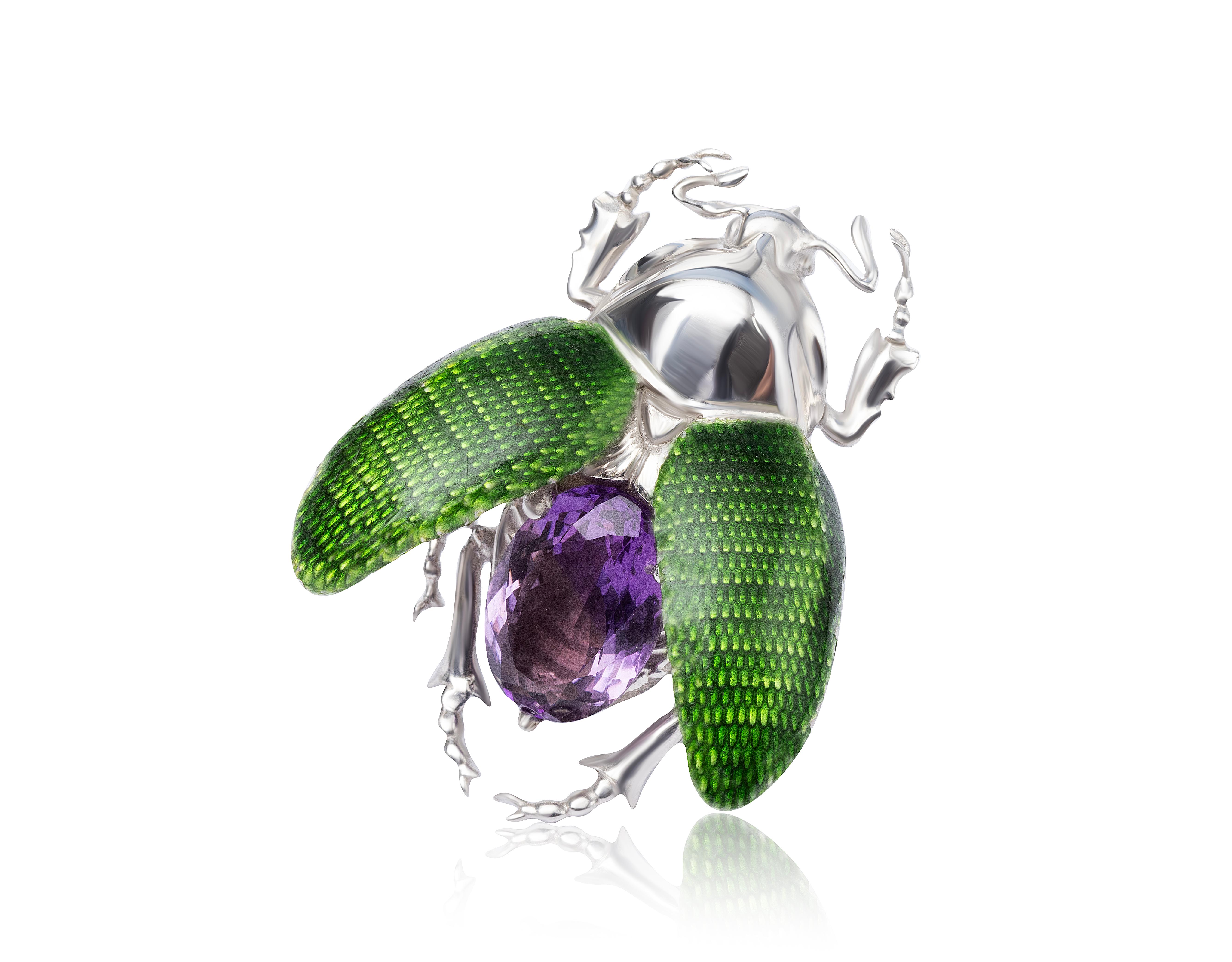 En venta: Anillo Escarabajo de Plata de Ley con Esmalte Verde y Amatista  6