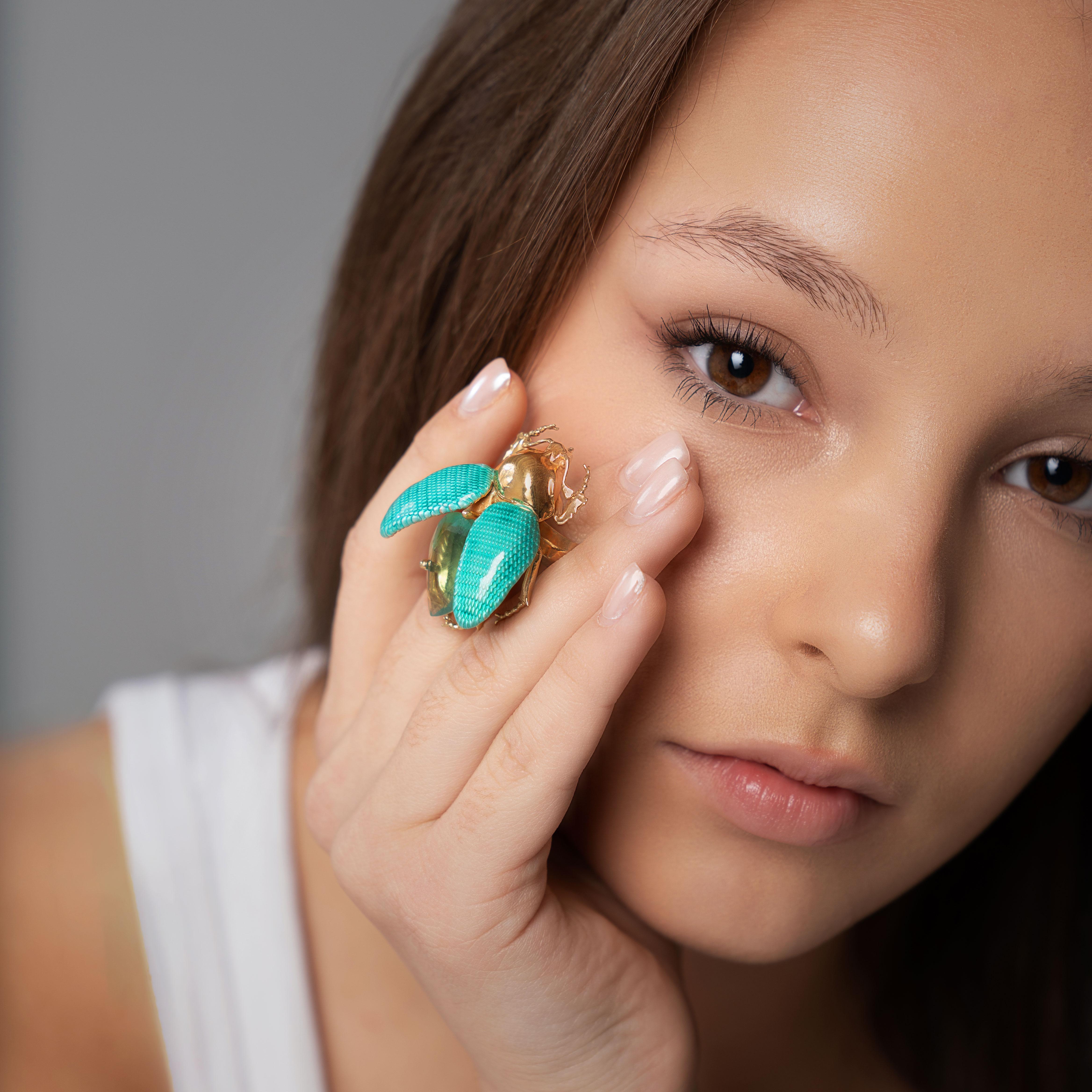 En venta: Anillo Escarabajo de Plata de Ley con Esmalte Verde y Amatista  8