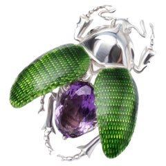 Sterling Silver Beetle Ring with Green Enamel and Amethyst