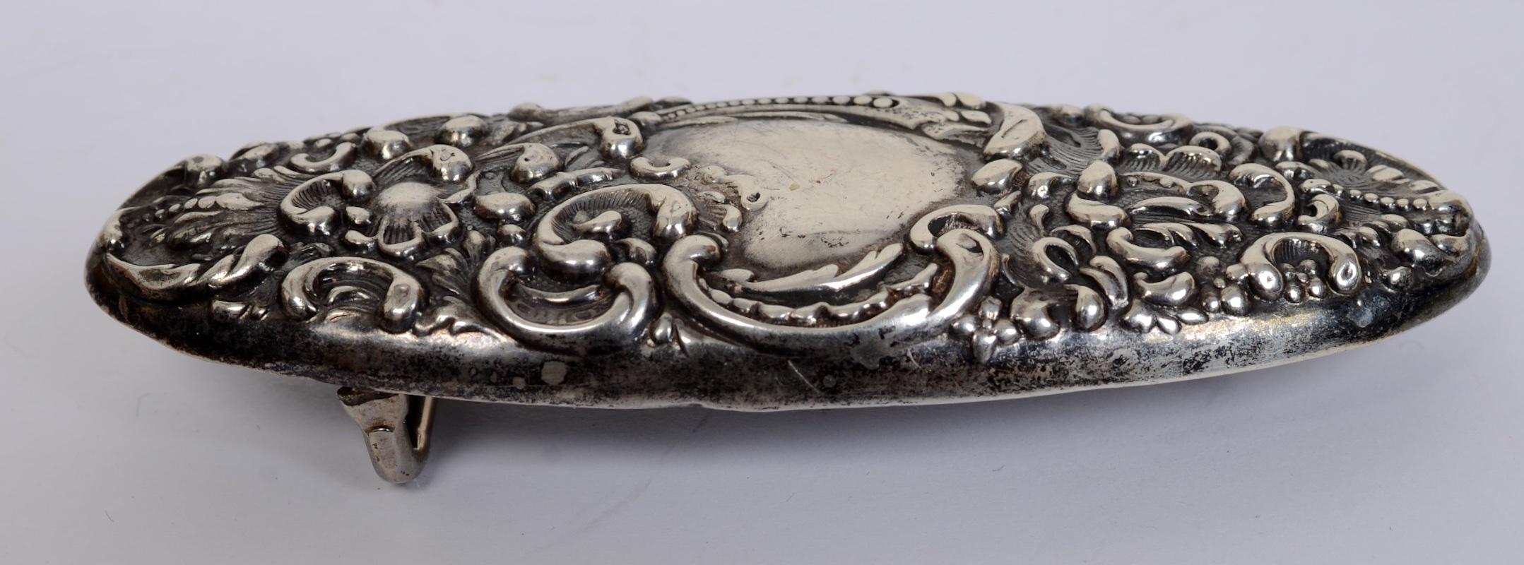 Black Sterling Silver Floral and Leaf Decorated Sash Belt Buckle, c1840 For Sale