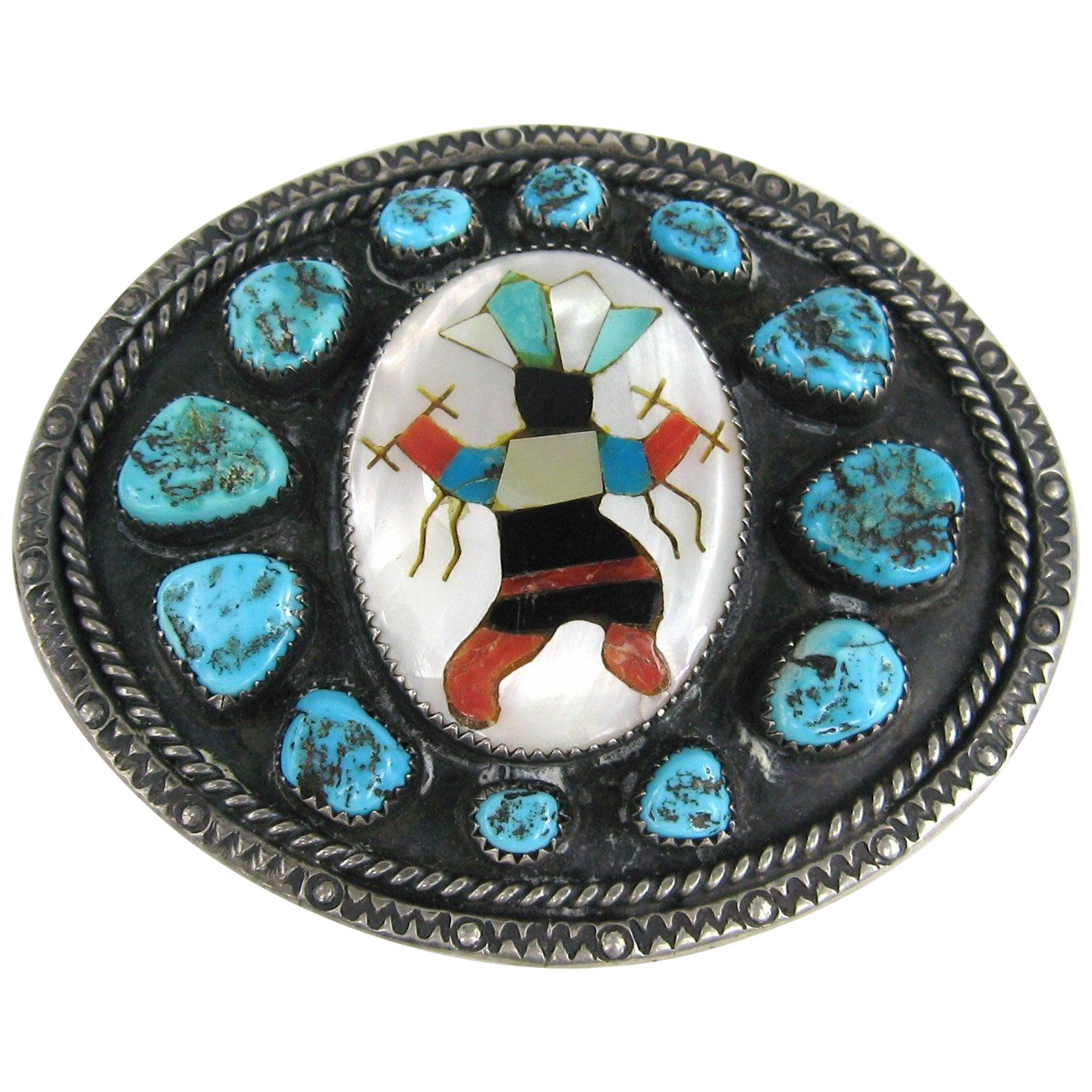 Sterling Silver Belt Buckle Pawn Zuni LBJ Navajo Spiderweb Turquoise For Sale