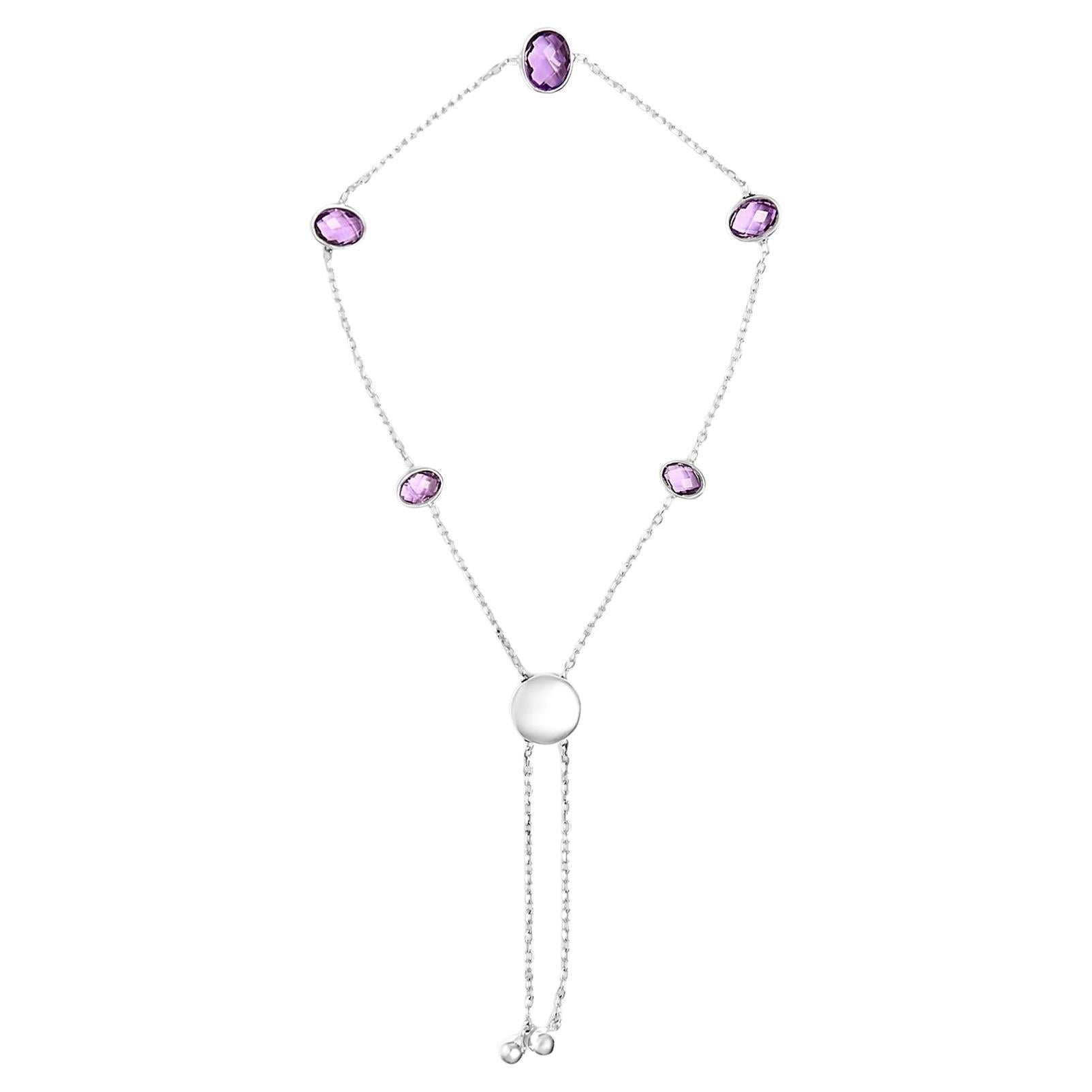 Sterling Silver Bezel Set Purple Amethyst 5 Station Adjustable Bolo Bracelet