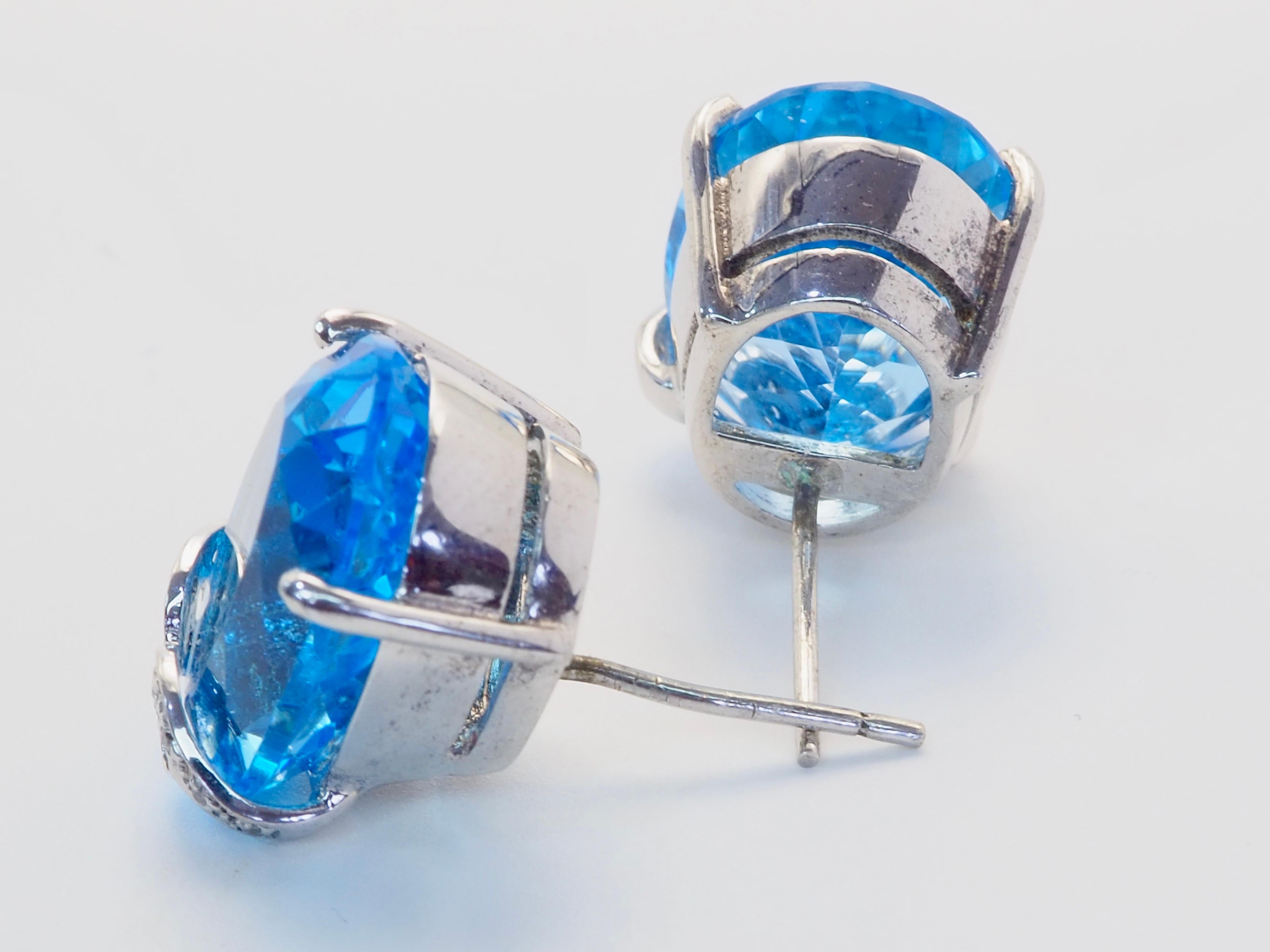 Rétro Orecchini con perno in argento Sterling Big 32,02ct Oval Blue Topaz & White Quartz in vendita