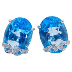 Orecchini con perno in argento Sterling Big 32,02ct Oval Blue Topaz & White Quartz