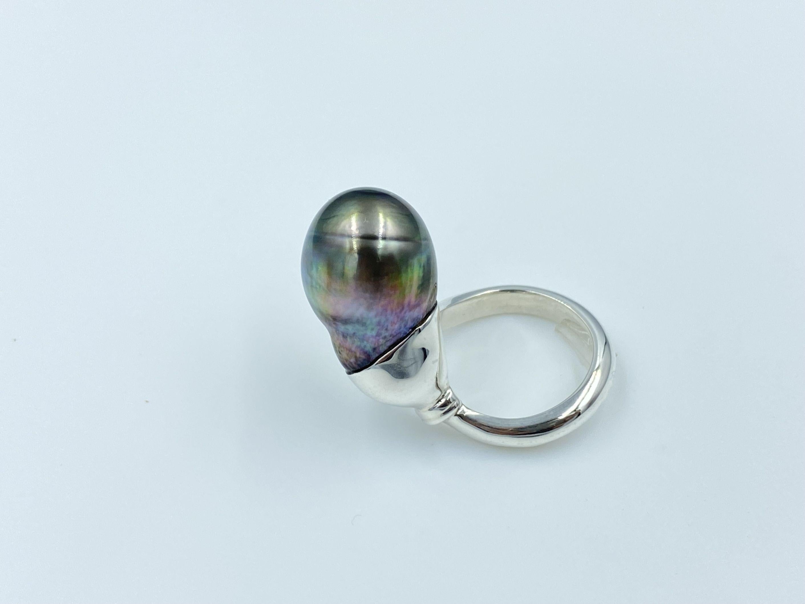 Sterling Silver Black Tahitian Baroque Pearl Adjustable Solitaire Ring For Sale 10