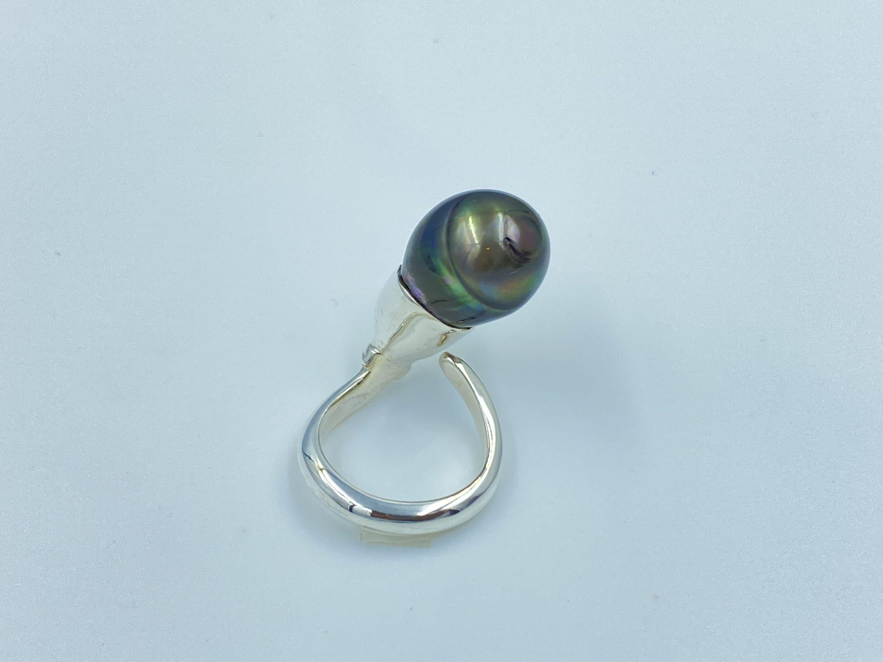 Sterling Silver Black Tahitian Baroque Pearl Adjustable Solitaire Ring For Sale 11