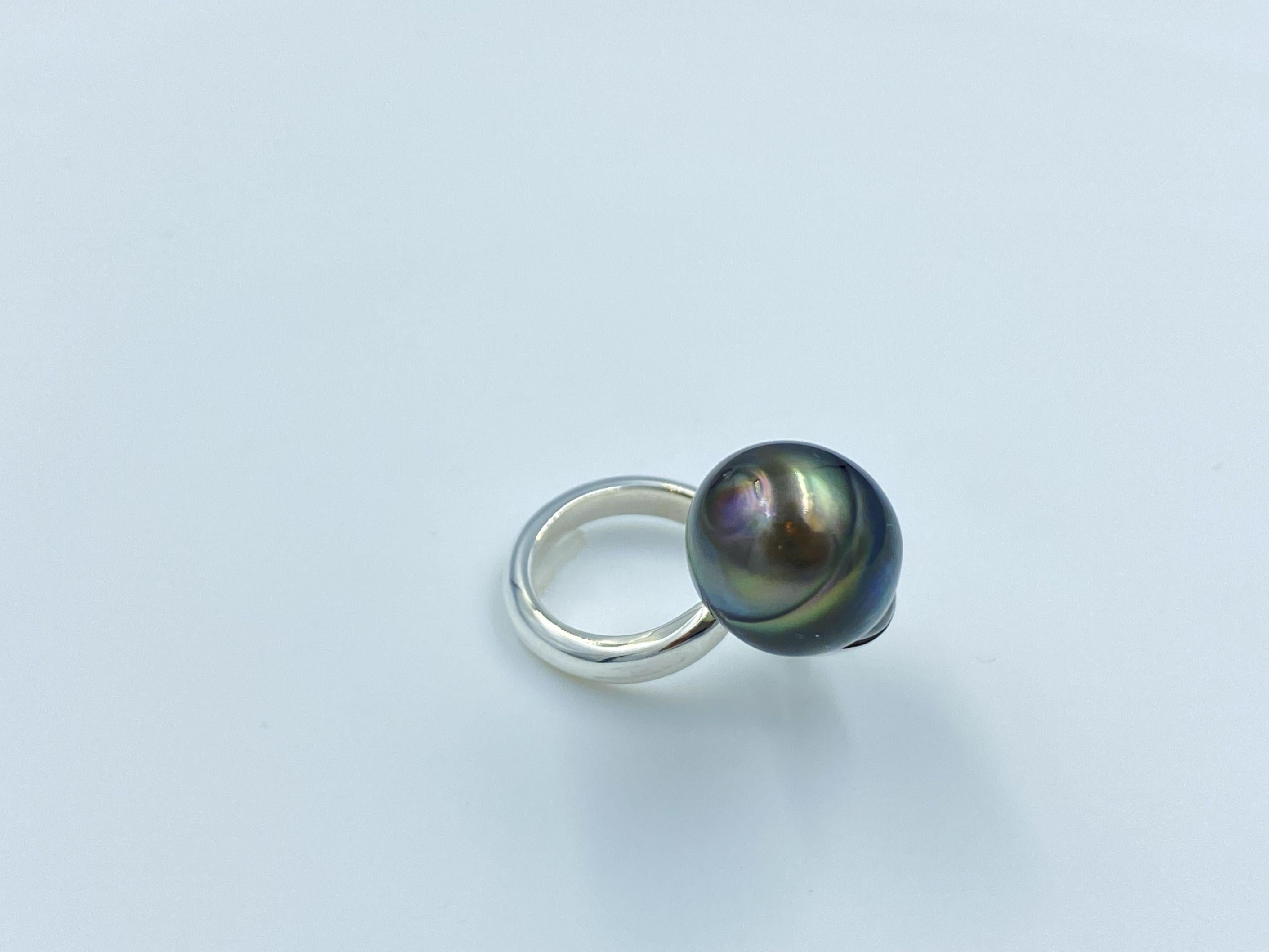 Sterling Silver Black Tahitian Baroque Pearl Adjustable Solitaire Ring For Sale 12