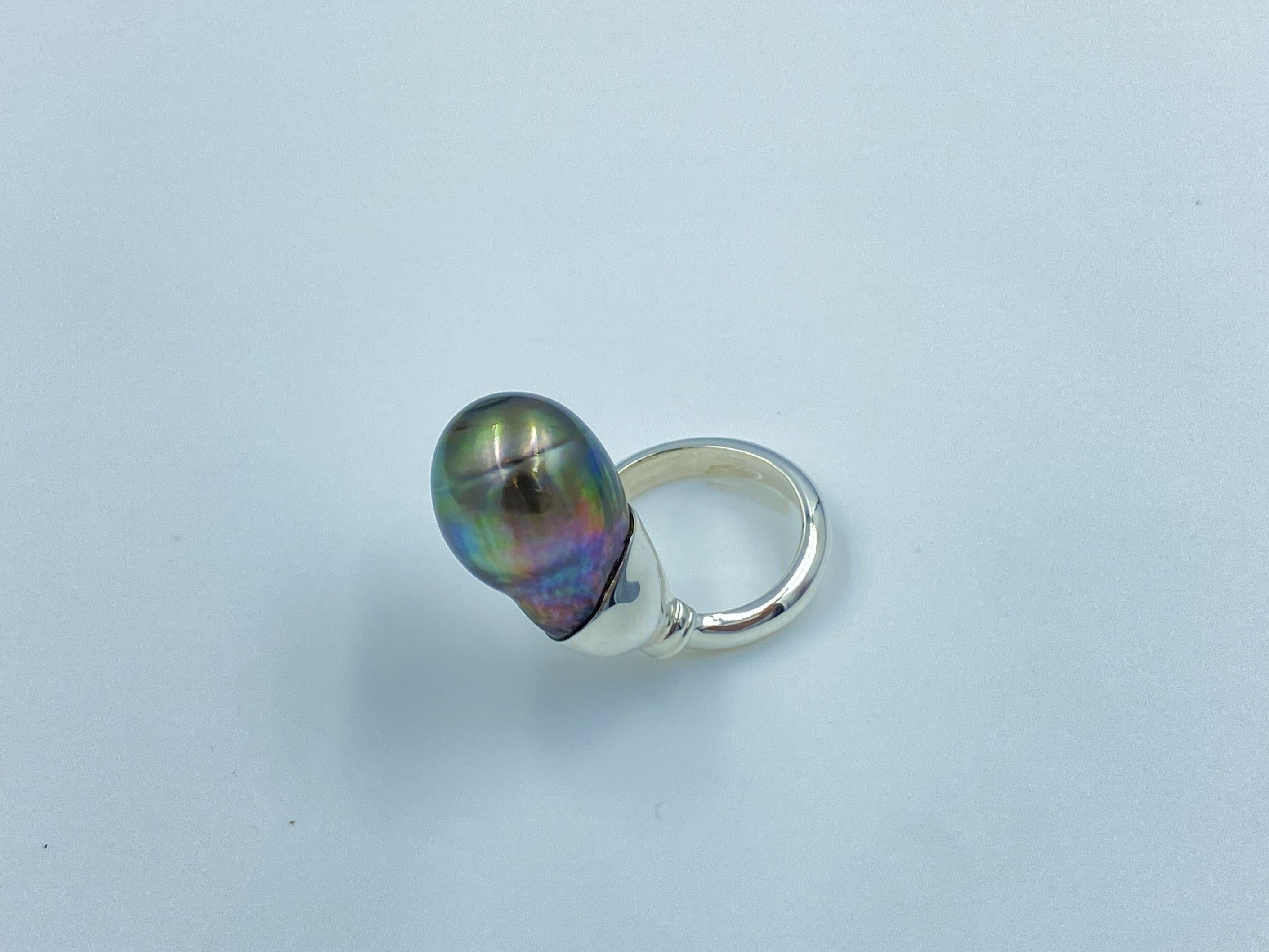 Uncut Sterling Silver Black Tahitian Baroque Pearl Adjustable Solitaire Ring For Sale