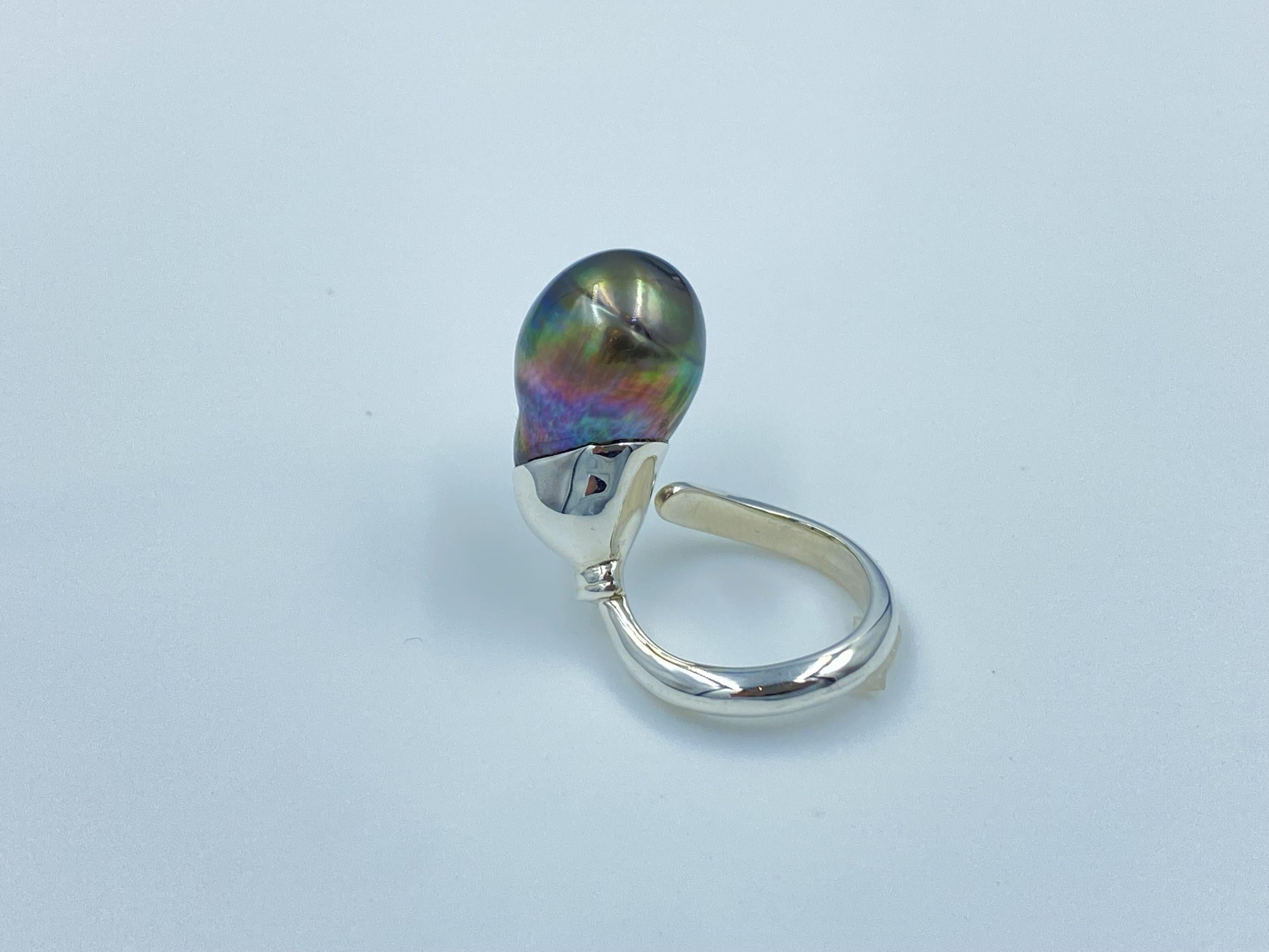 Women's or Men's Sterling Silver Black Tahitian Baroque Pearl Adjustable Solitaire Ring For Sale