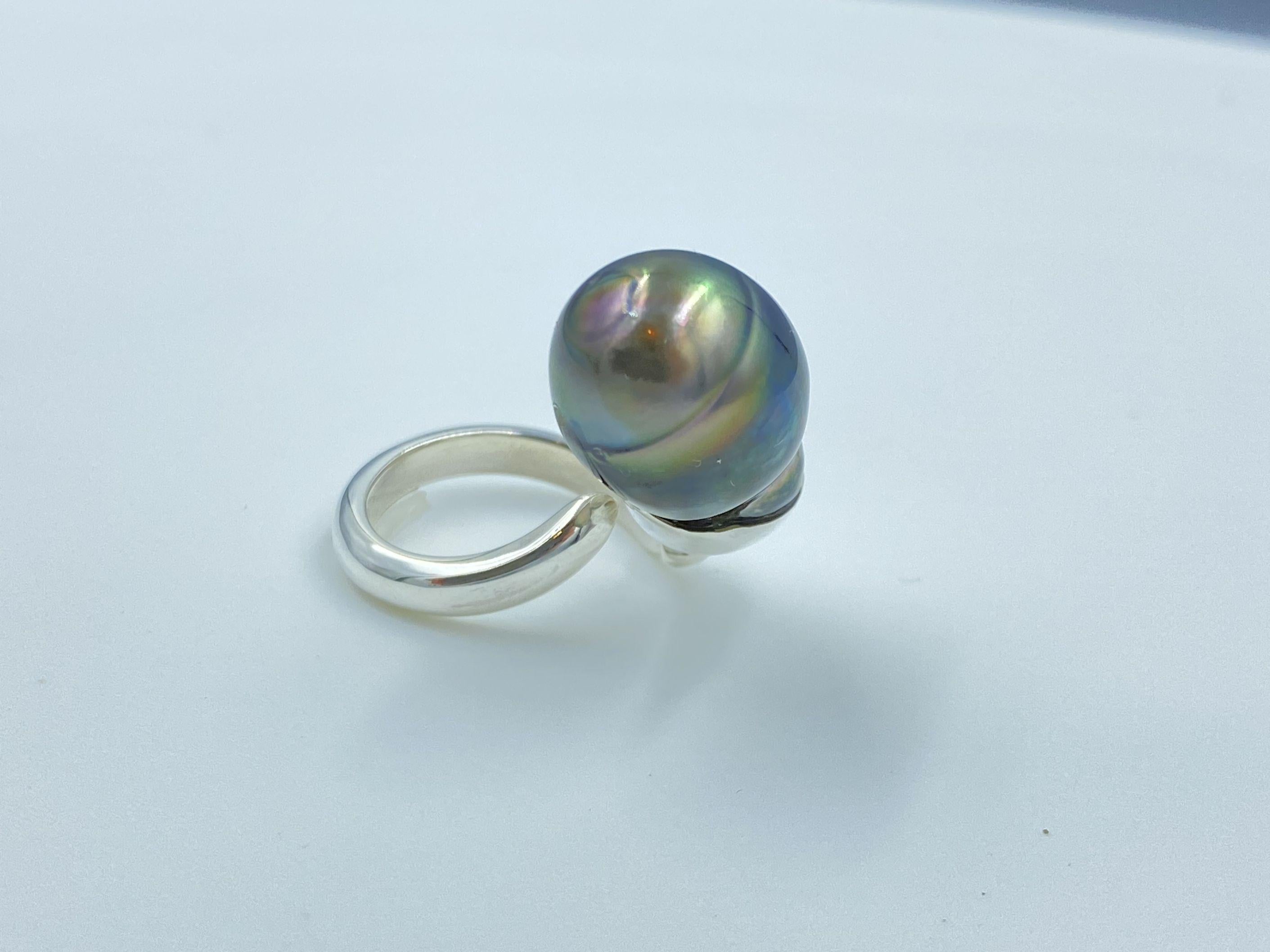 Sterling Silver Black Tahitian Baroque Pearl Adjustable Solitaire Ring For Sale 2