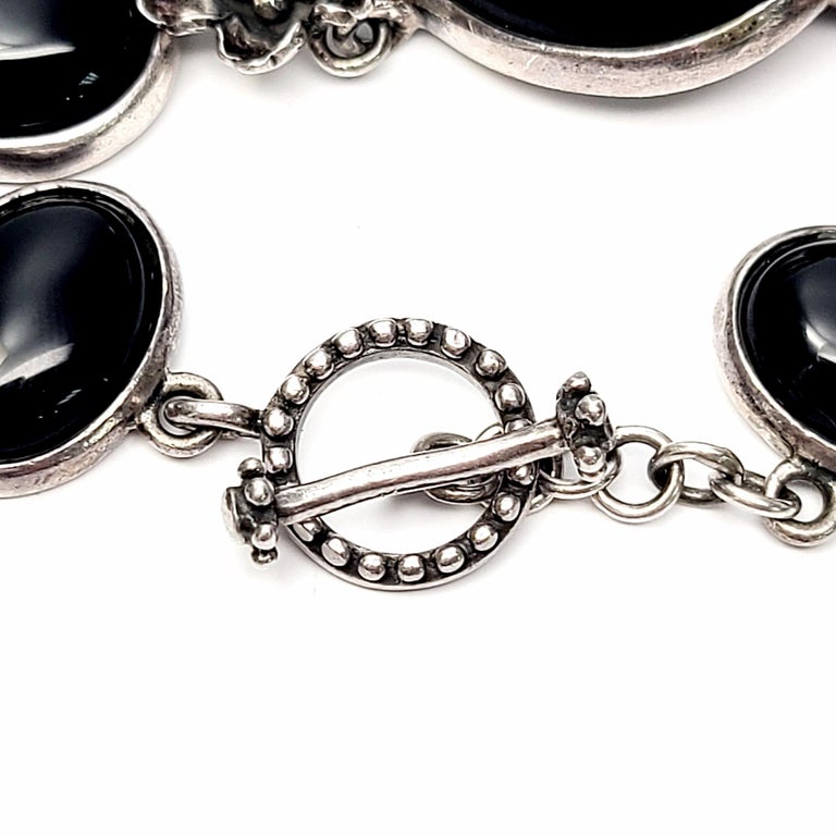 Sterling Silver Black and Onyx Flower Link Toggle Bracelet For Sale 2