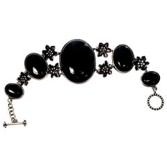 Vintage Sterling Silver Black and Onyx Flower Link Toggle Bracelet