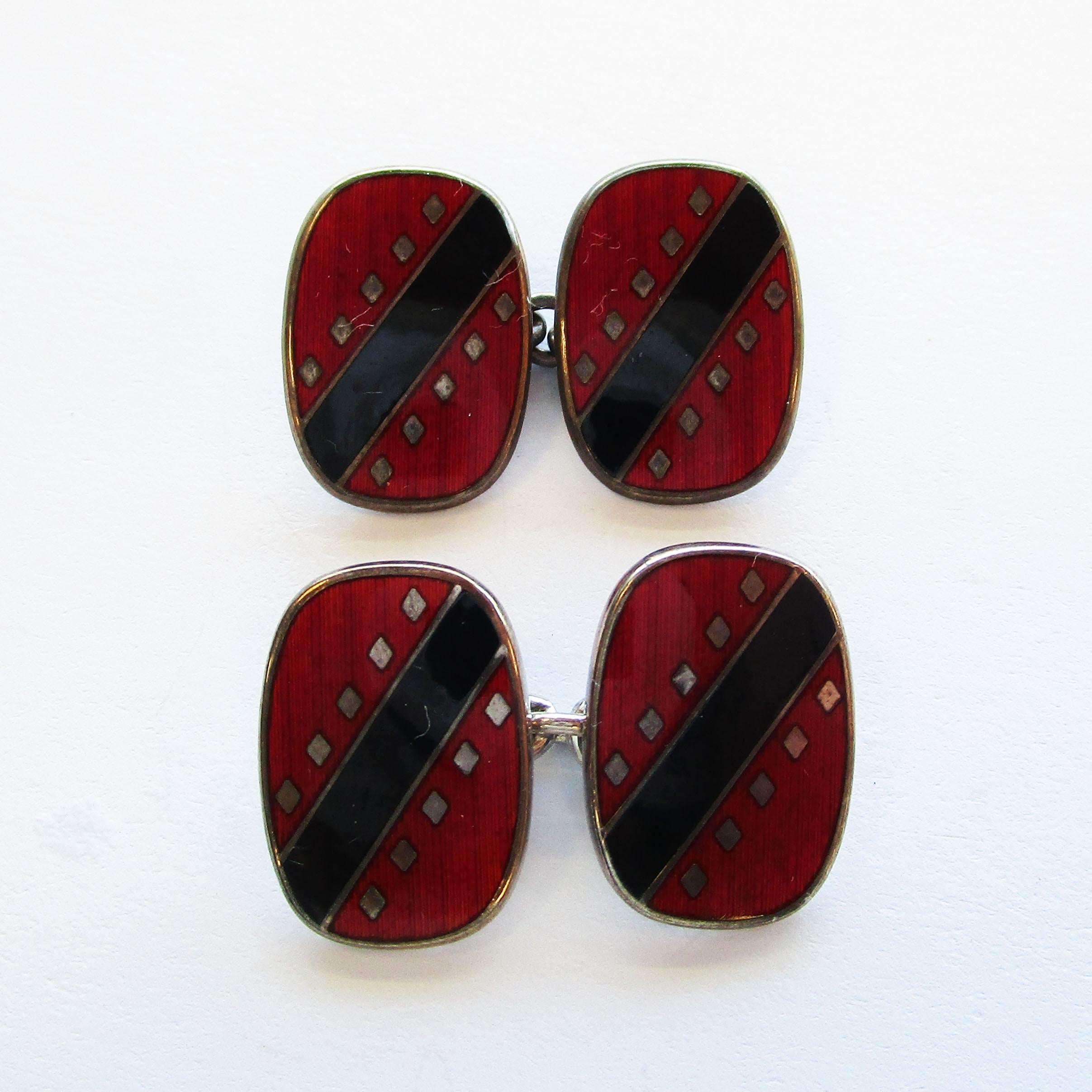 Men's Sterling Silver Black and Red Enamel Swivel Bar Cufflinks For Sale