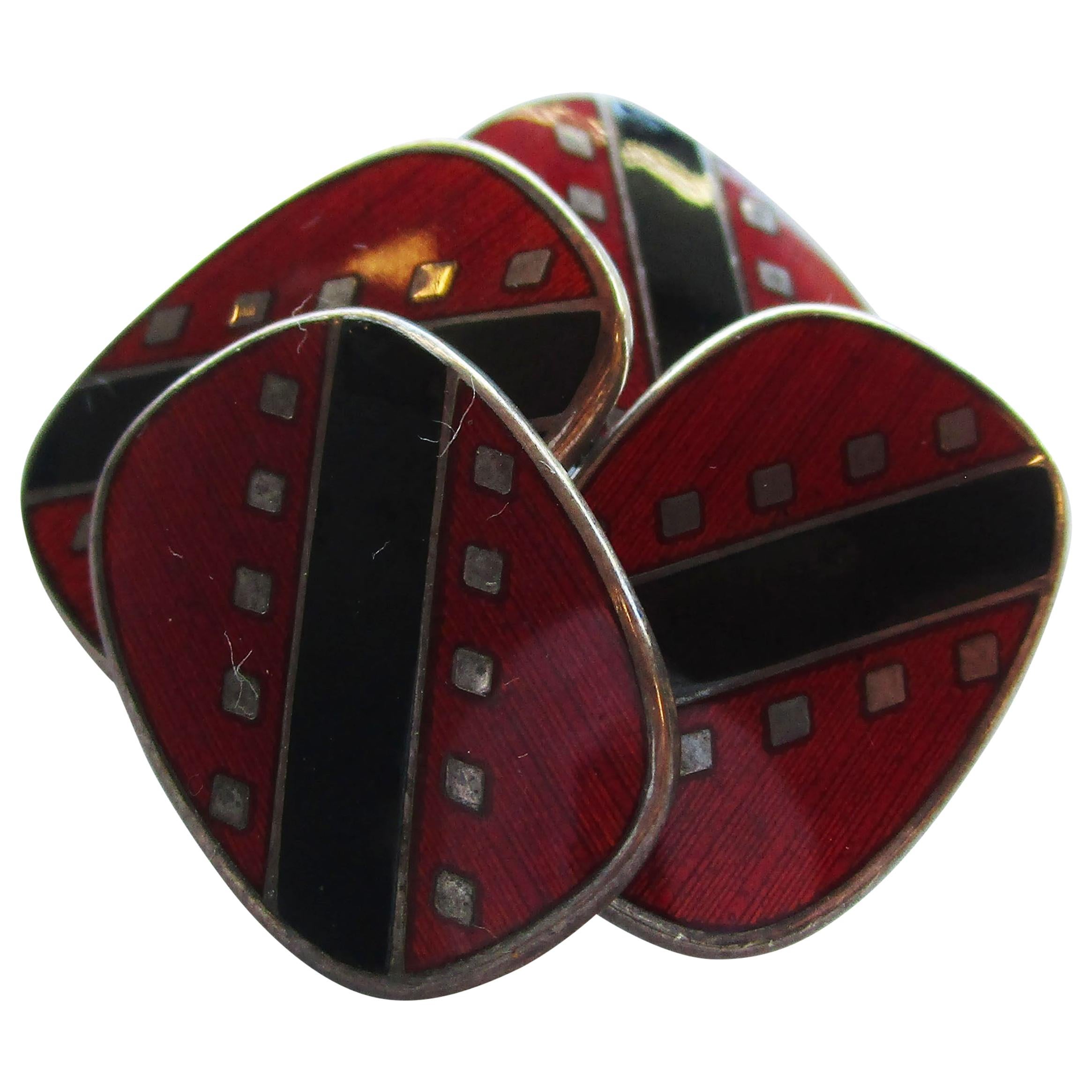 Sterling Silver Black and Red Enamel Swivel Bar Cufflinks For Sale