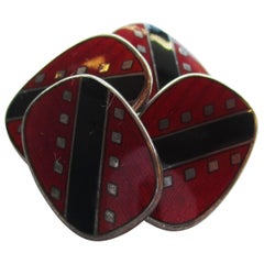 Gemelos de barra giratoria de plata de ley con esmalte negro y rojo