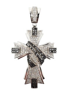 Ciondolo a croce grande in argento sterling con zirconi bianchi e neri #22583