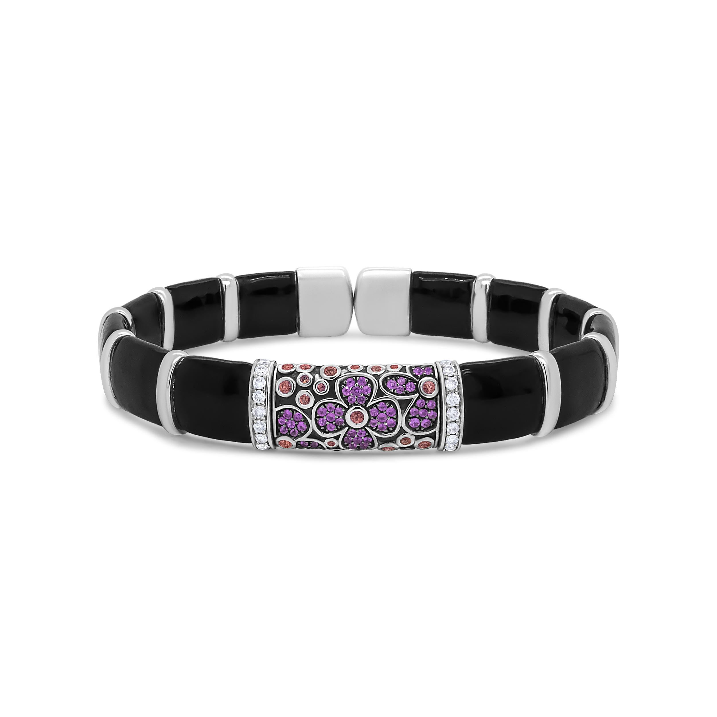 .925 Sterling Silver Black and Brown Enamel 1/3 Cttw Round Diamonds and Pink and Orange Sapphire Gemstones Floral Statement Bangle (F-G Color, VS1-VS2 Clarity) - Size 7.75