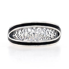 Sterling Silver Black Enamel Band - 925 Oval Scroll Ring Size 8