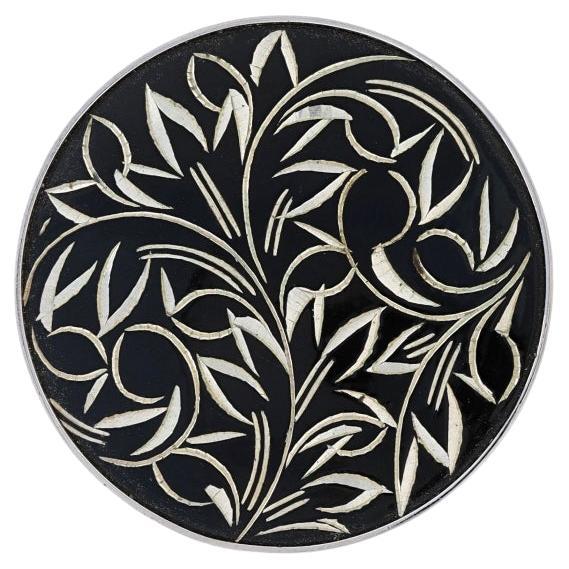 Sterling Silver Black Enamel Flower Circle Brooch - 925 Botanical Pin For Sale