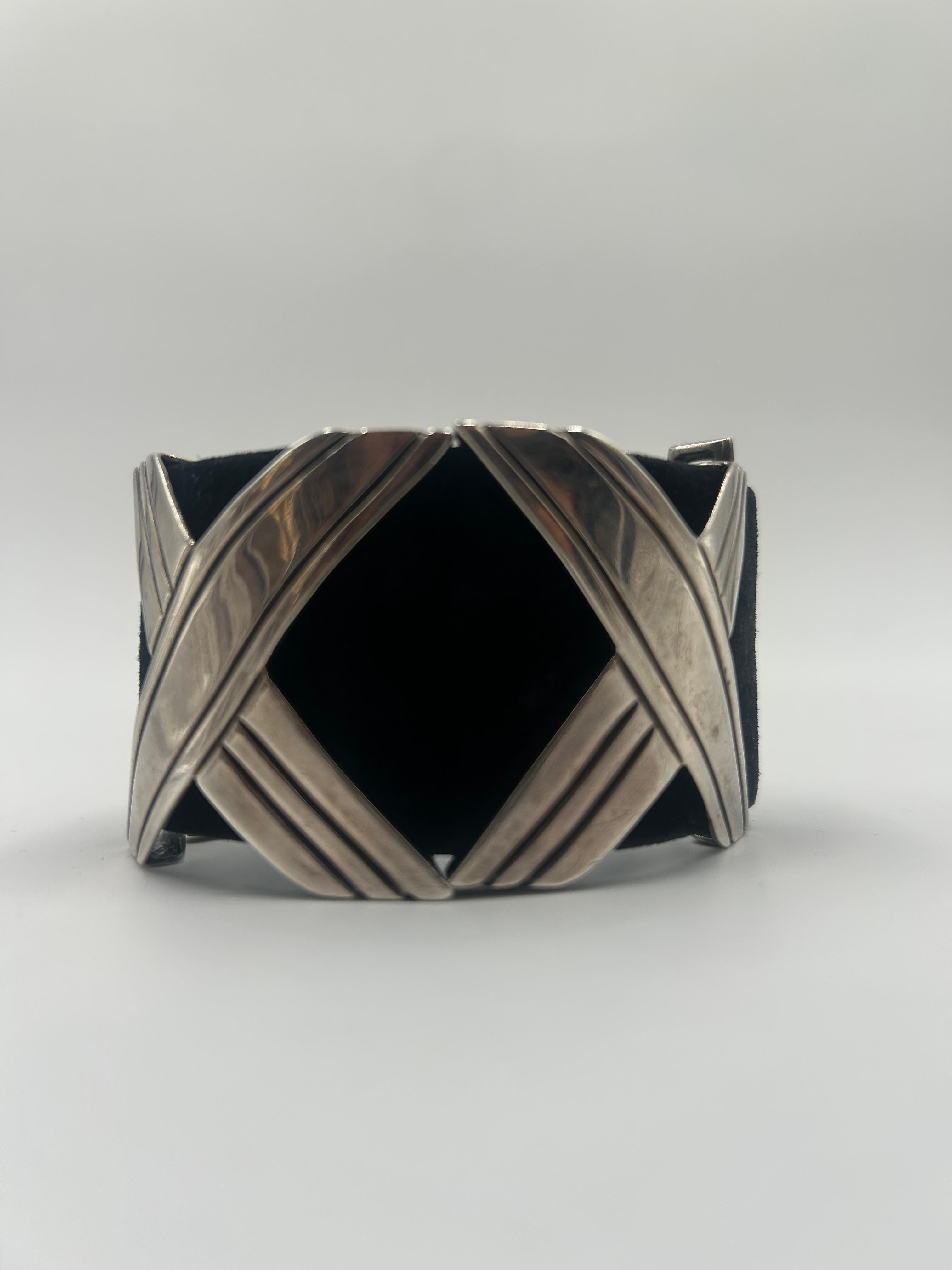 Sterling Silver & Black Leather Attributed To Hector Aguilar In Good Condition In Palm Beach, FL