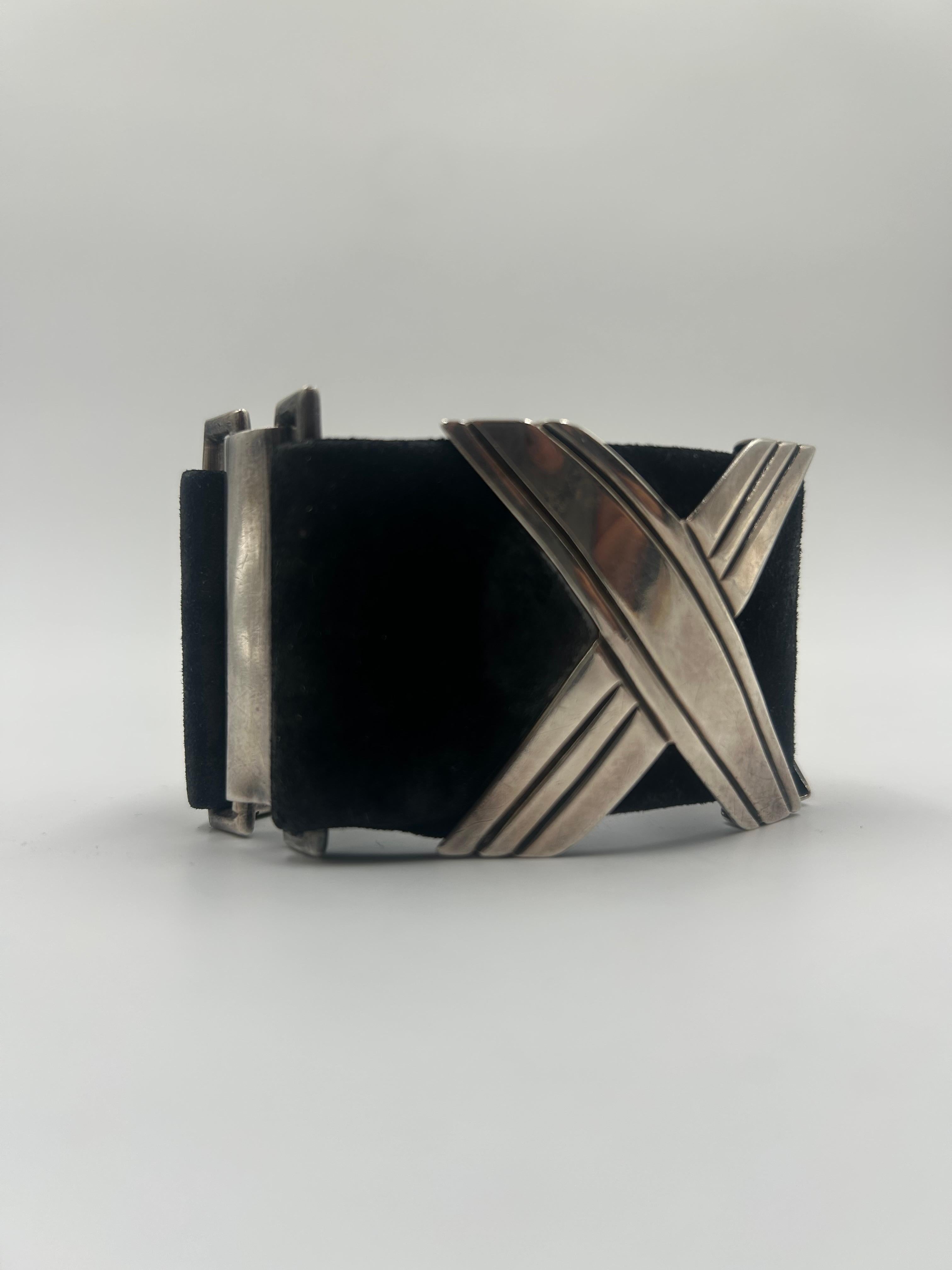 Women's or Men's Sterling Silver & Black Leather Attributed To Hector Aguilar