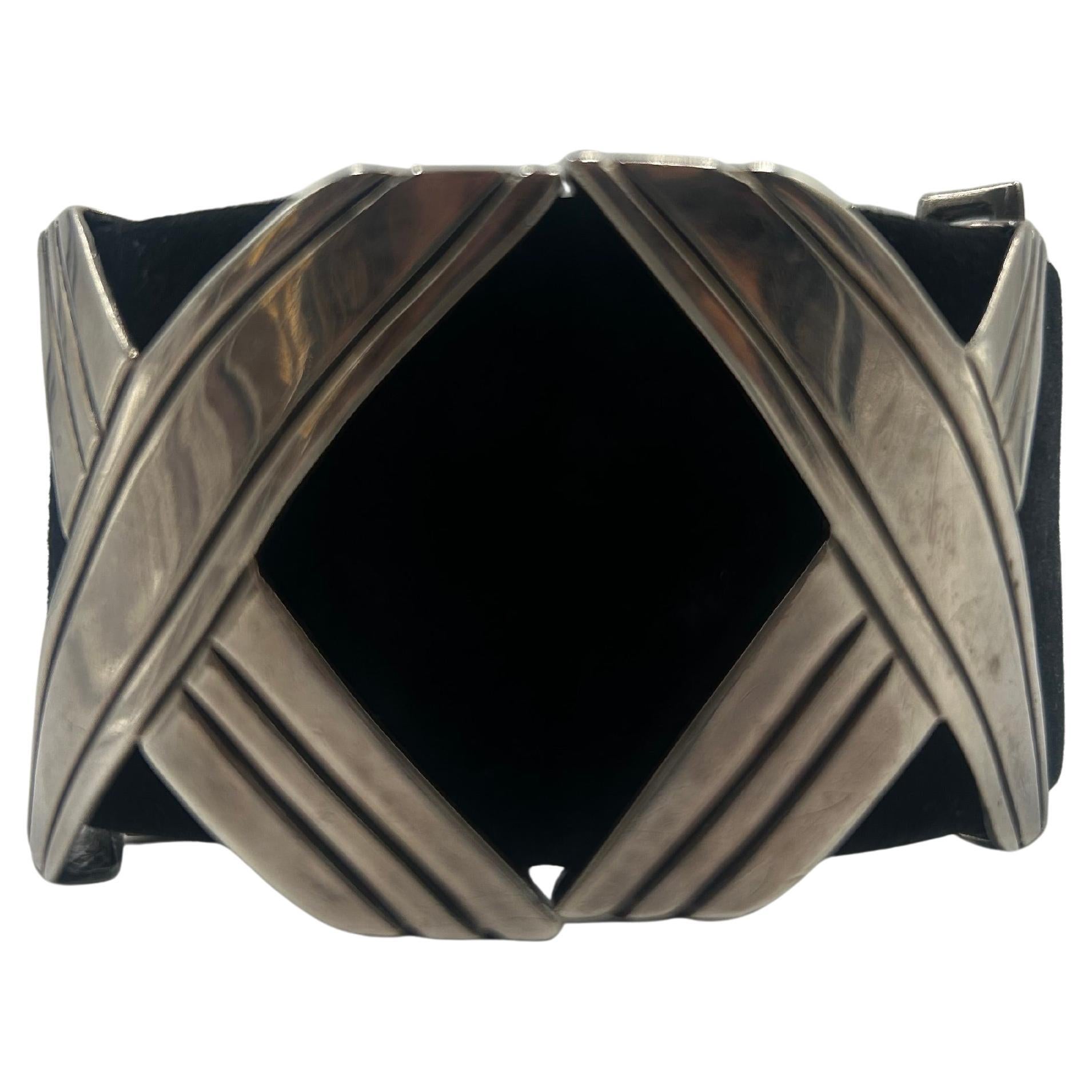 Sterling Silver & Black Leather Attributed To Hector Aguilar