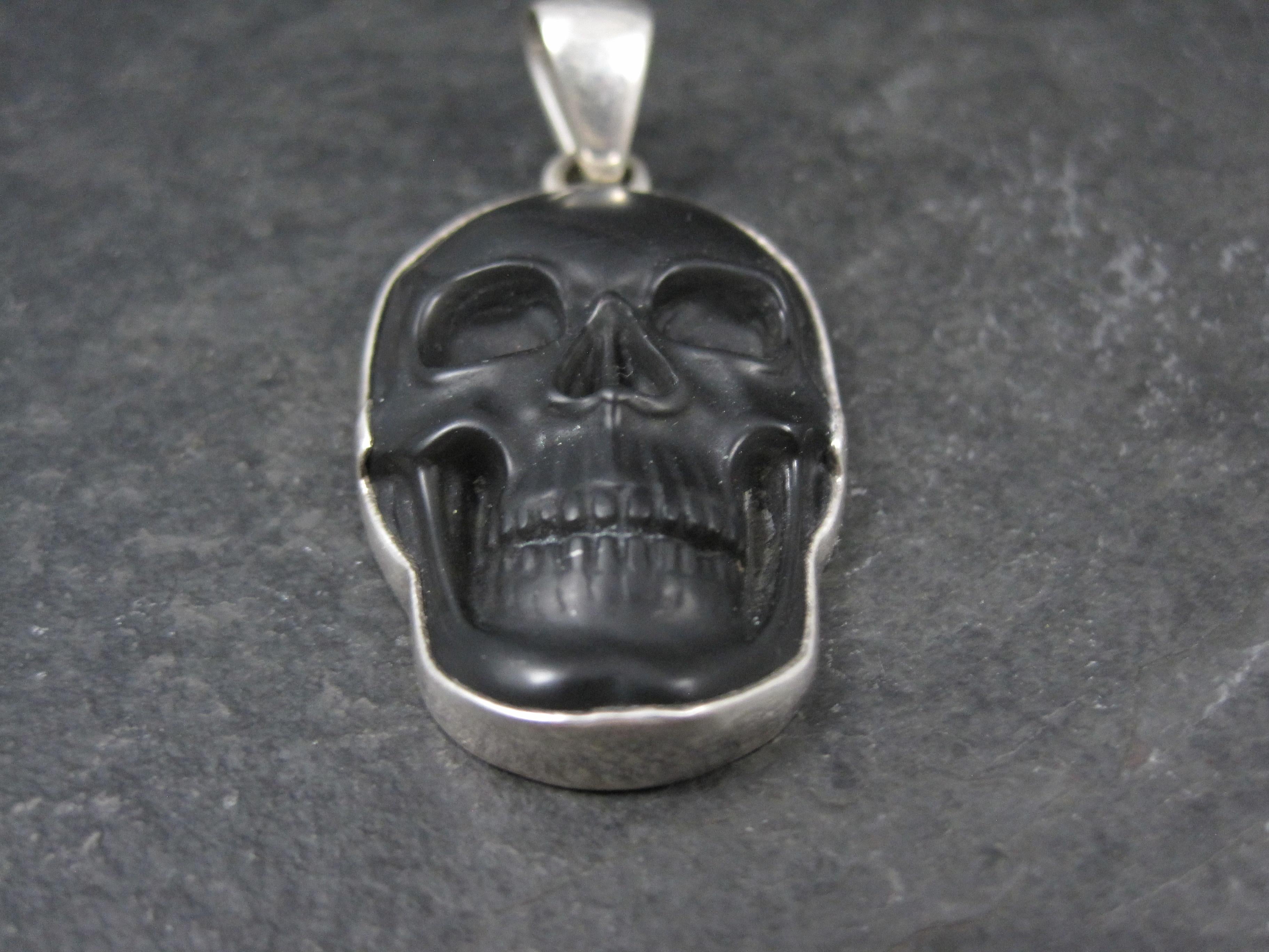 Sterling Silver Black Obsidian Skull Pendant Charles Albert In Excellent Condition For Sale In Webster, SD