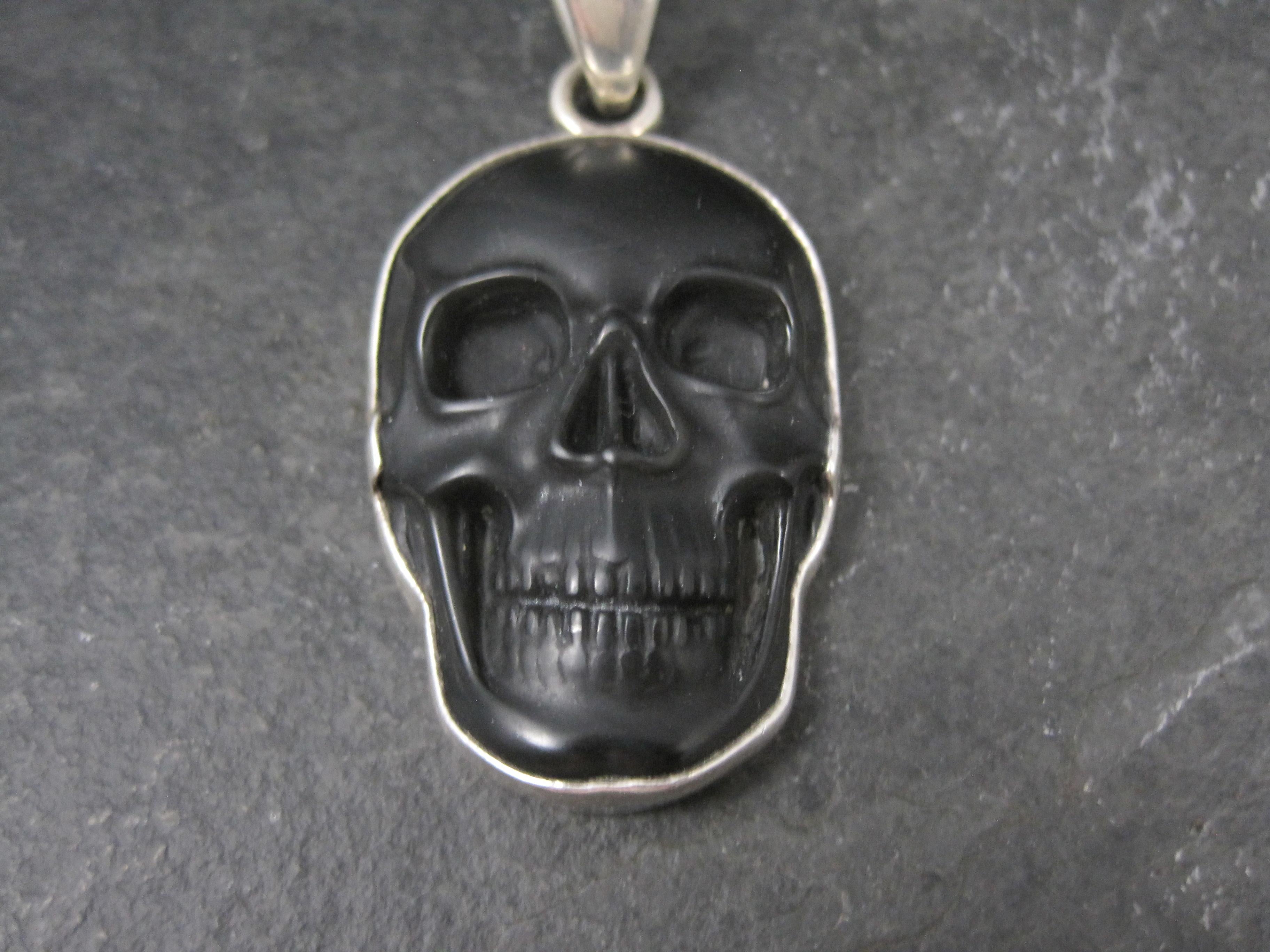 Women's or Men's Sterling Silver Black Obsidian Skull Pendant Charles Albert For Sale