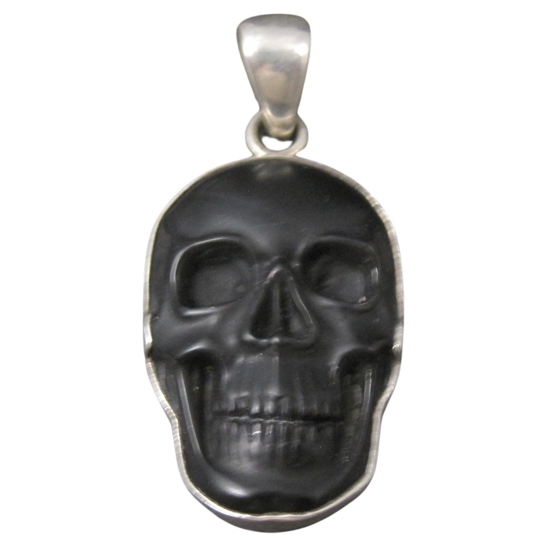 Sterling Silver Black Obsidian Skull Pendant Charles Albert For Sale