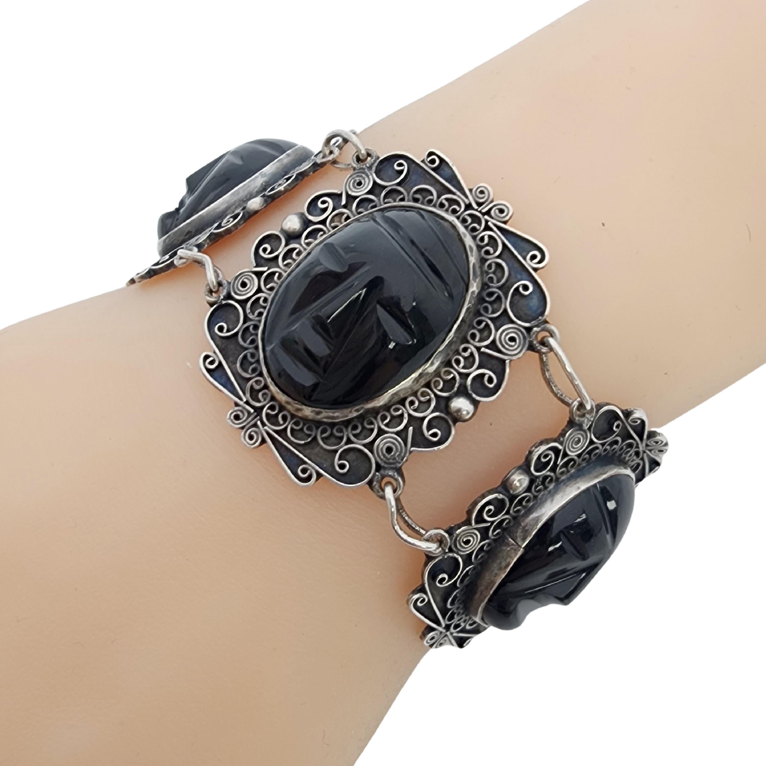 Sterling Silver Black Onyx Carved Face Filigree Link Bracelet #17684 For Sale 5