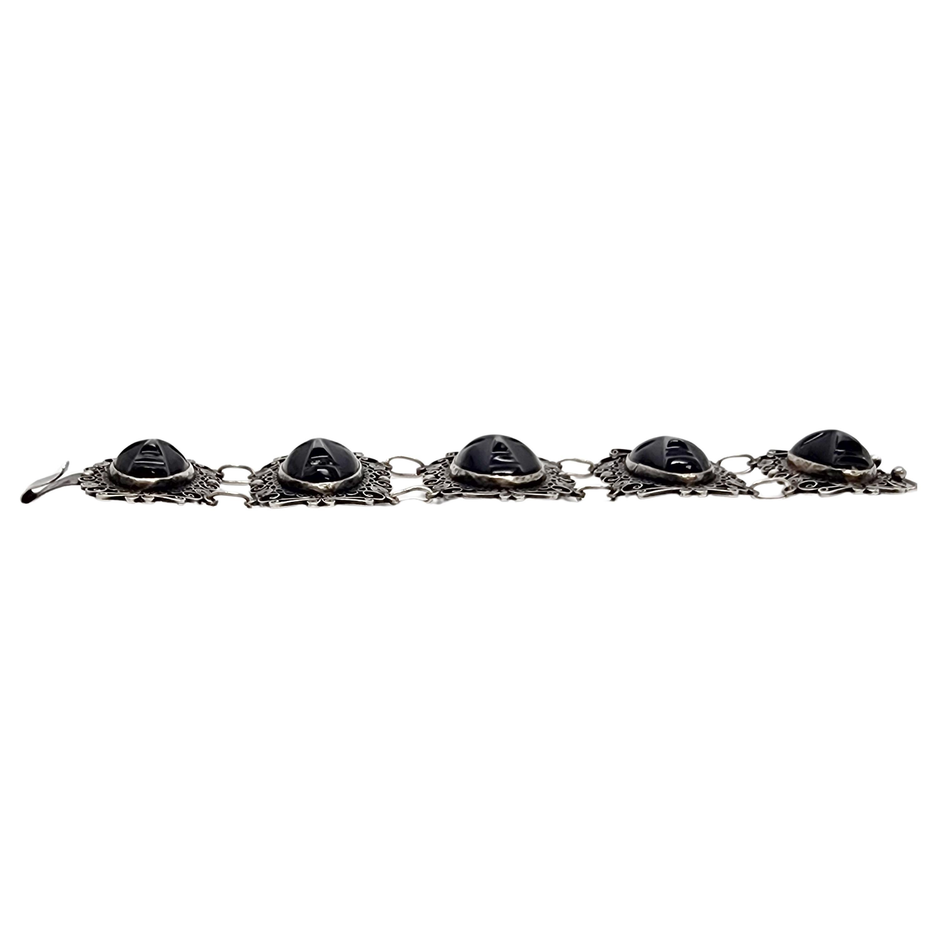 Cabochon Sterling Silver Black Onyx Carved Face Filigree Link Bracelet #17684 For Sale